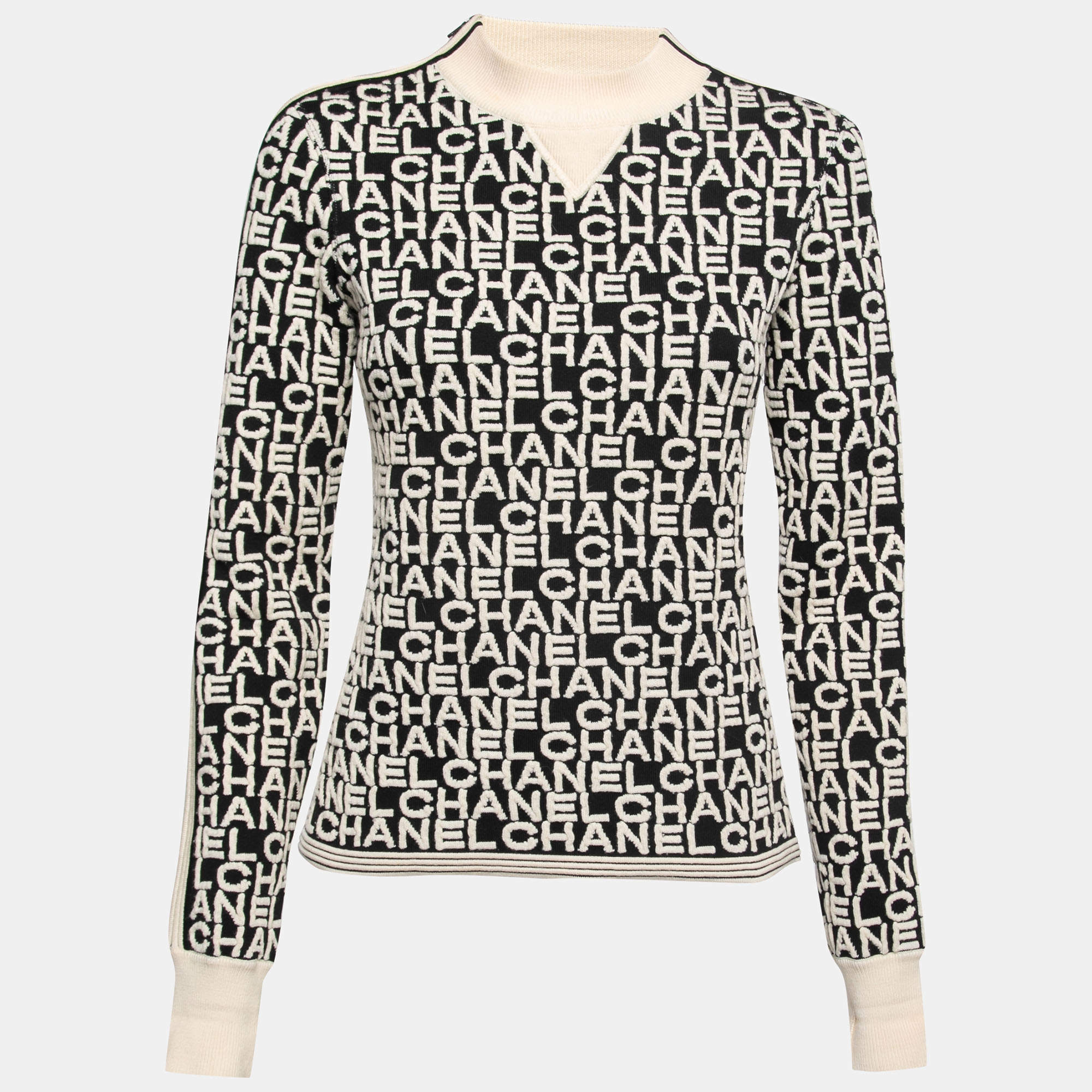 Pre Owned Chanel Monochrome Logo Jacquard Wool Sweater S