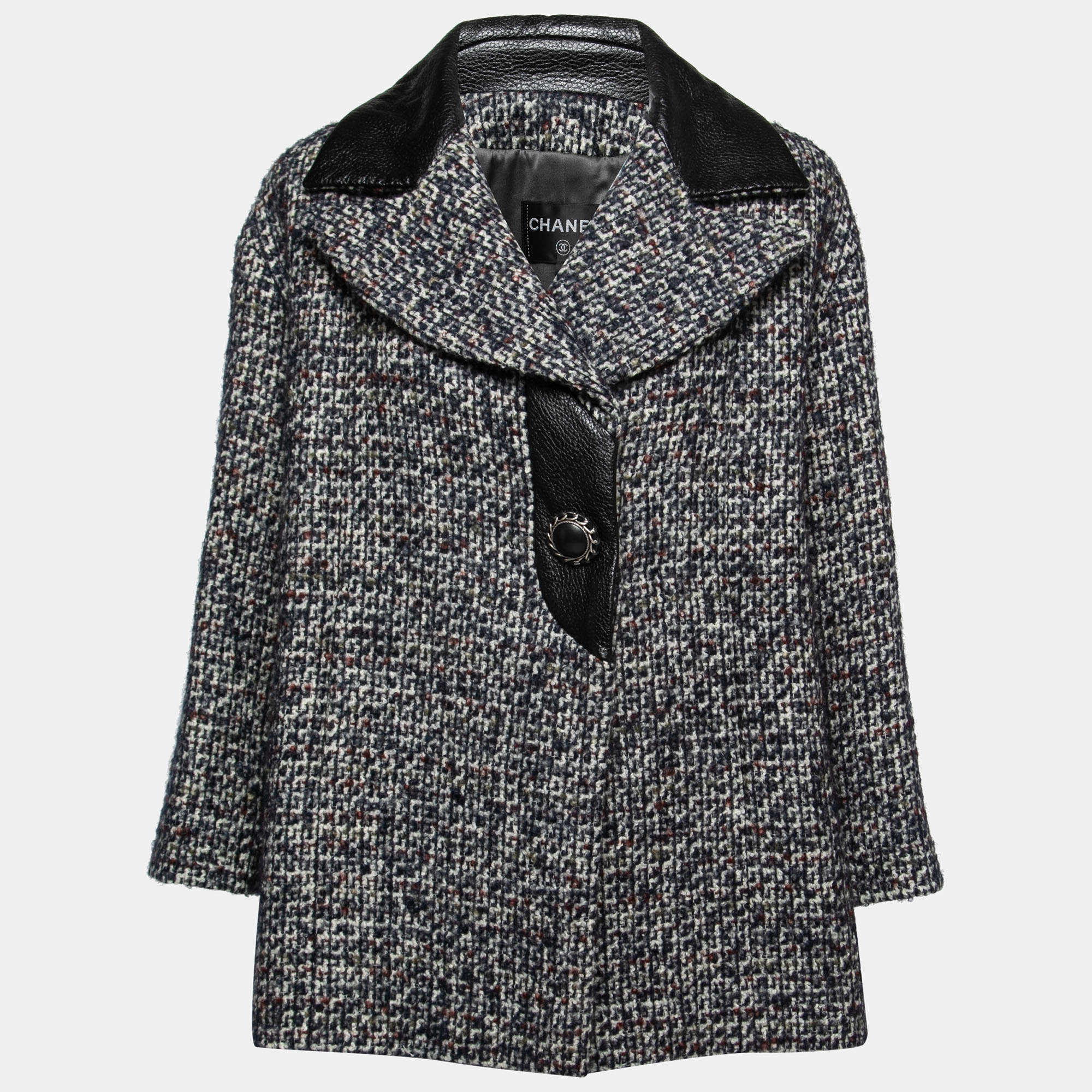 Pre Owned Chanel Black Tweed & Leather Trimmed Jacket M