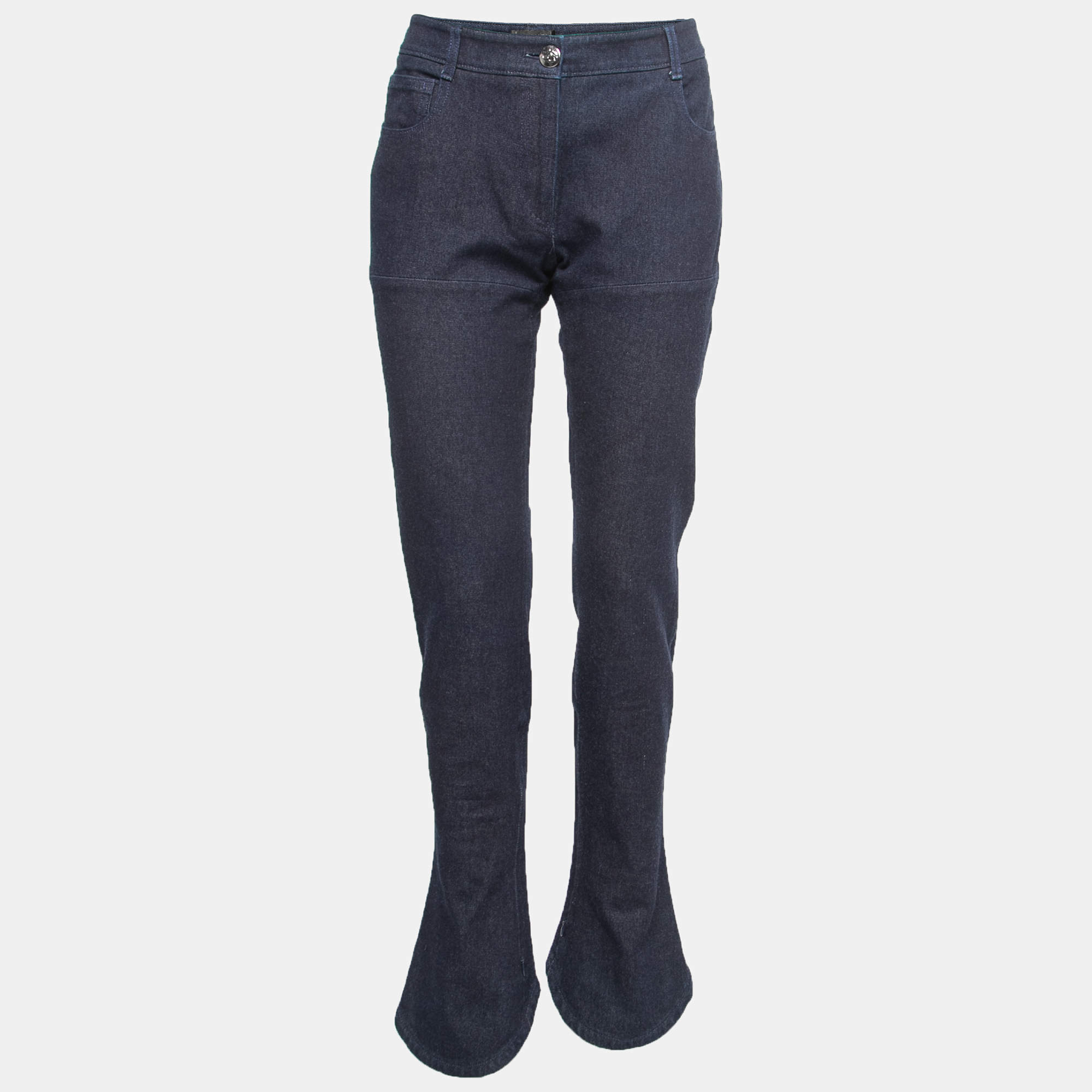 Pre Owned Chanel Deep Blue Denim Logo Embroidered Pocket Boot-Cut Jeans L Waist 32"