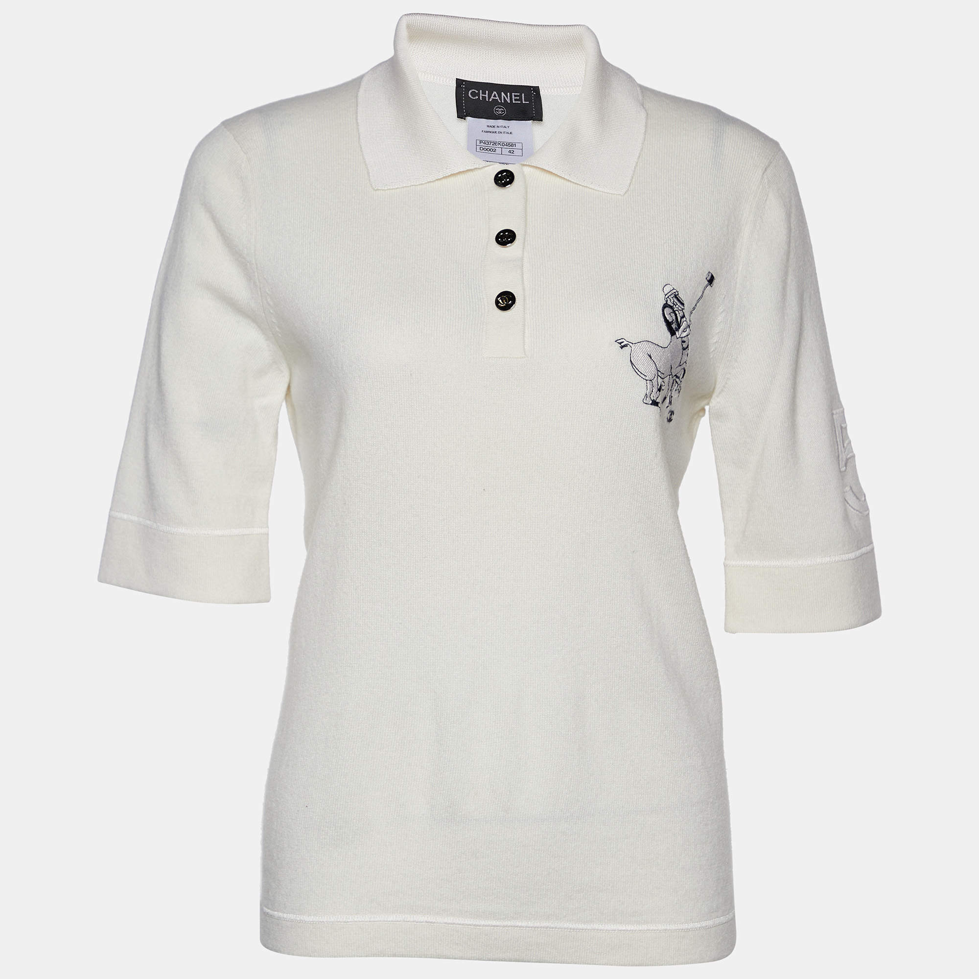 Chanel Cream Embroidered Cashmere Polo T-Shirt L