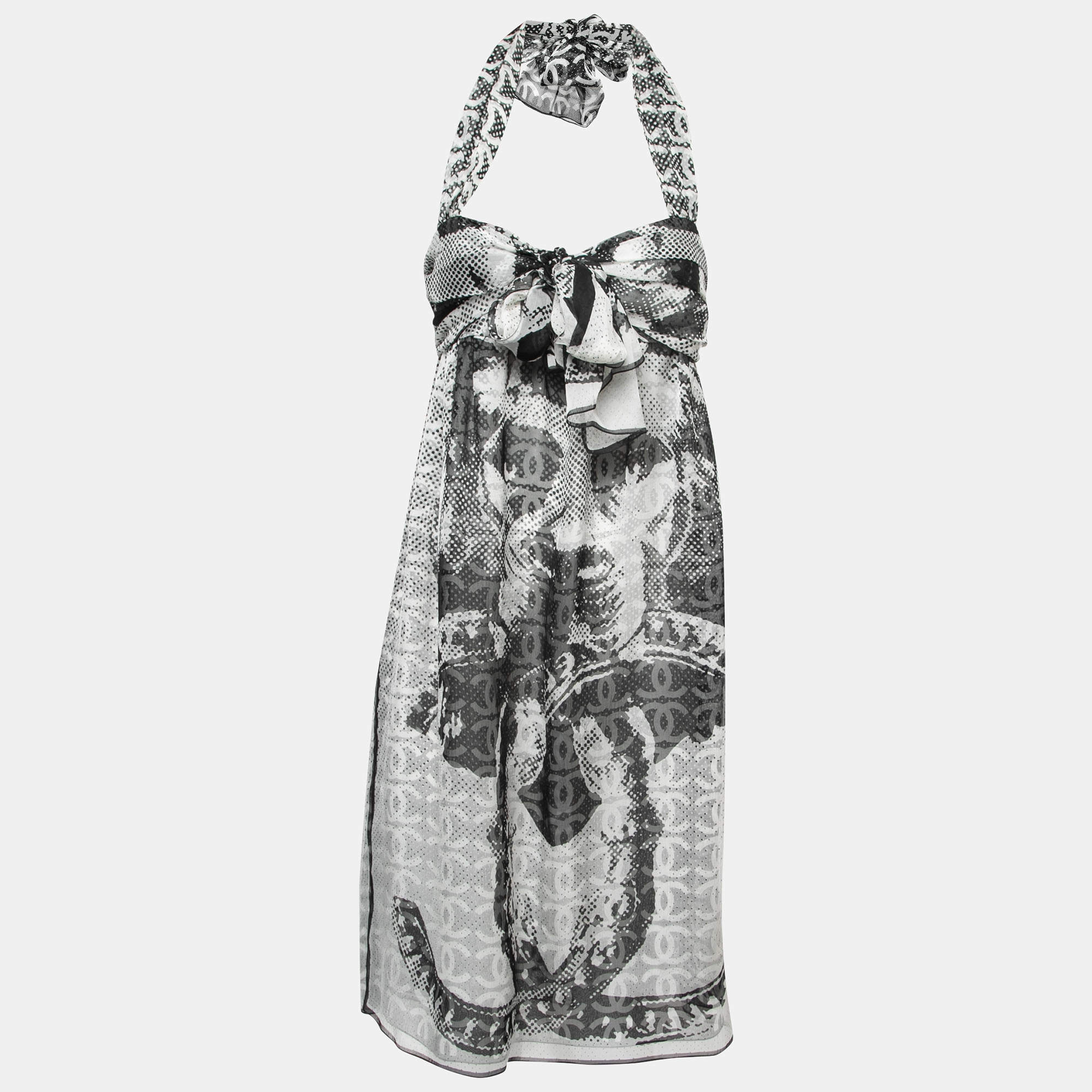 مملوكة مسبقًا Chanel Black & White Printed Silk Chiffon Knotted Midi Dress M