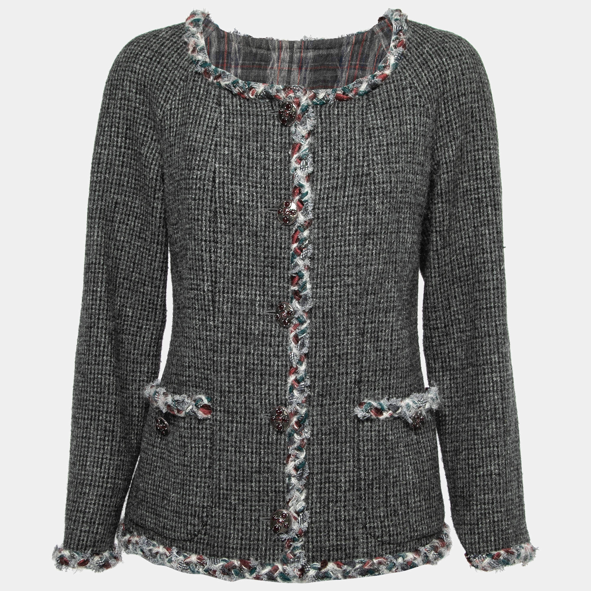 Chanel Grey Wool Trim Embellished Jacket L