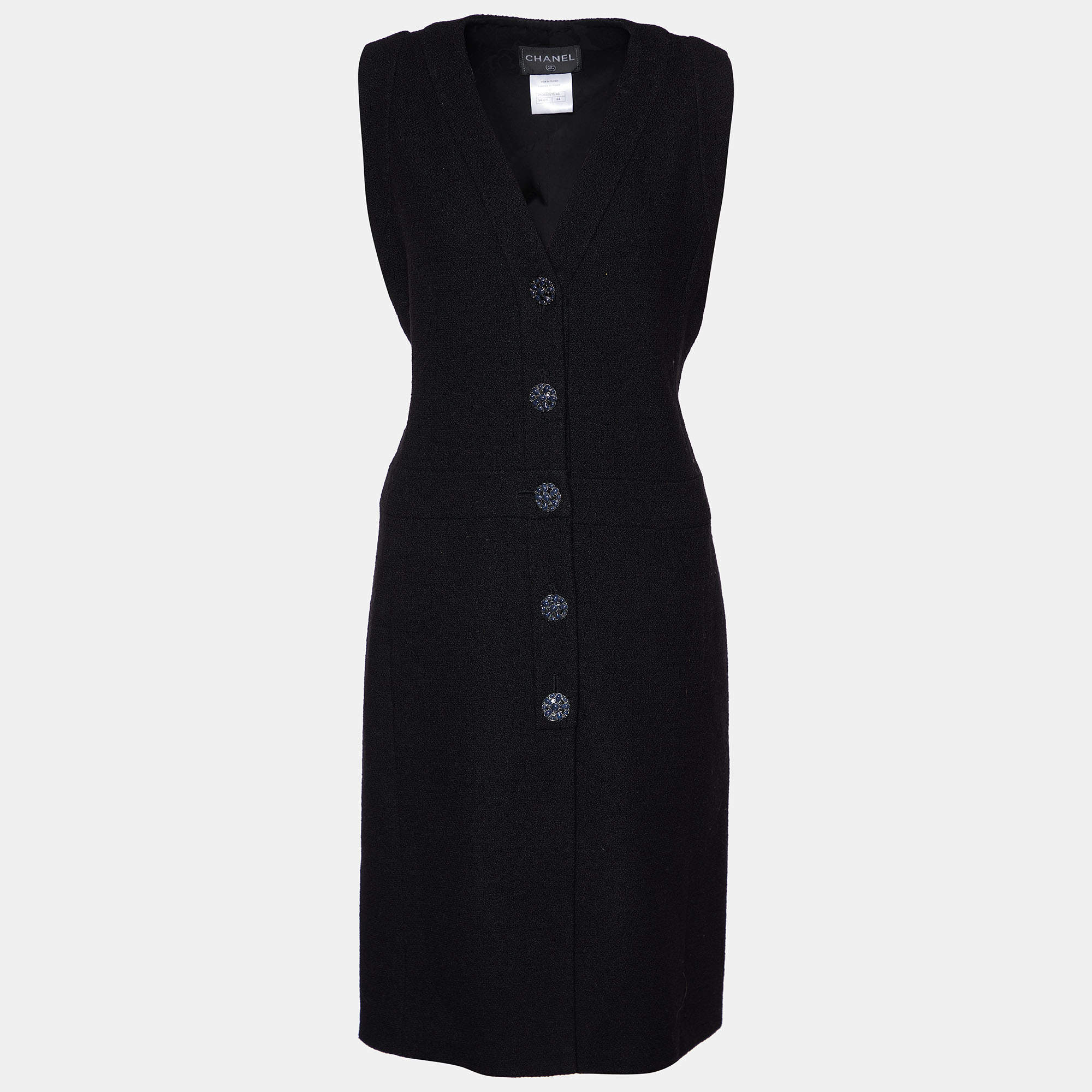 Chanel Black Wool Boucle Sleeveless Midi Dress L