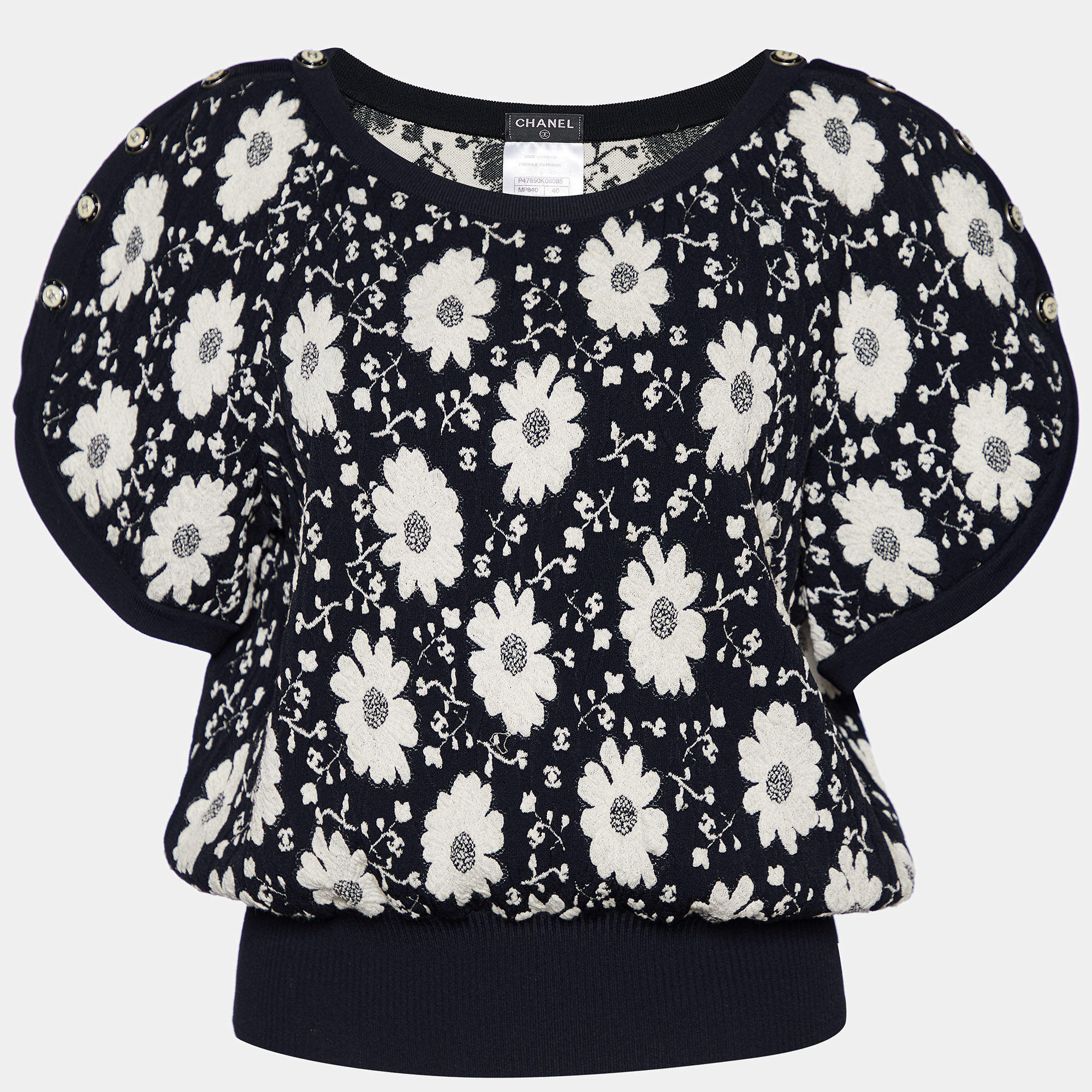 Chanel Monochrome Floral Jacquard Knit Ribbed Trim Short Sleeve Top M