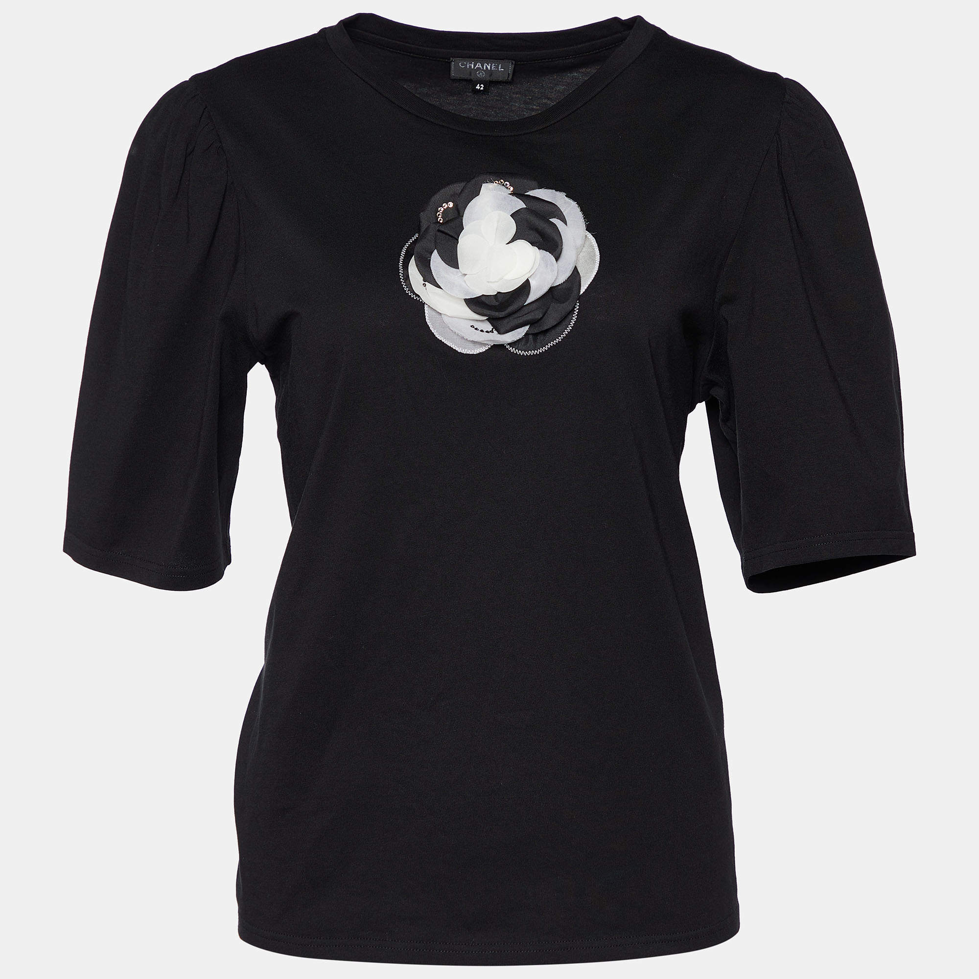 Pre Owned Chanel Black Jersey Detachable Camelia Brooch T-Shirt L