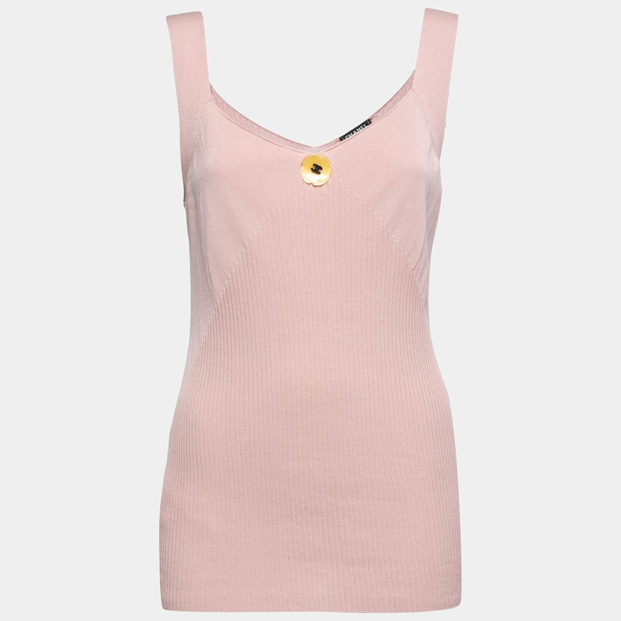 Pre Owned Chanel Light Pink Ribbed Knit Tank Top M