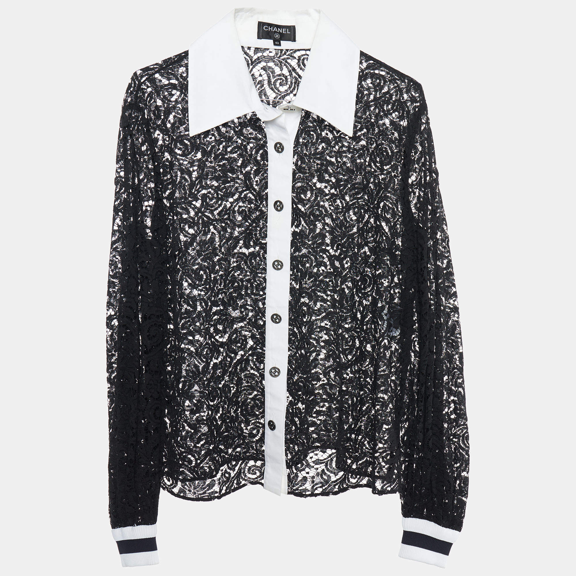 Chanel Black Lace Contrast Detail Button Front Sheer Shirt L