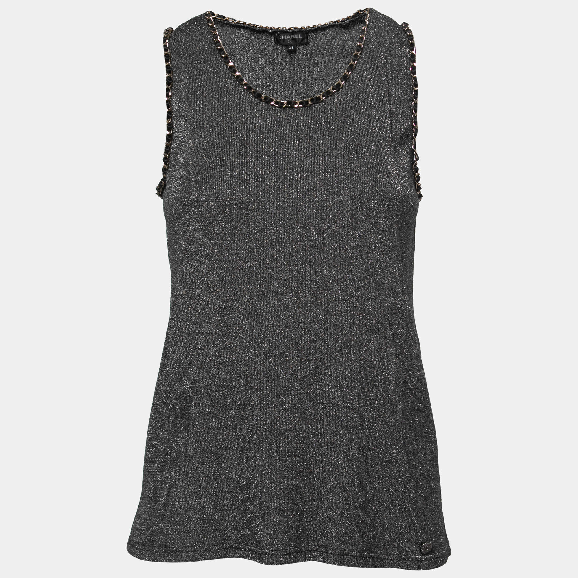 Chanel Black & Silver Knit Chain Trim Detail Sleeveless Top M