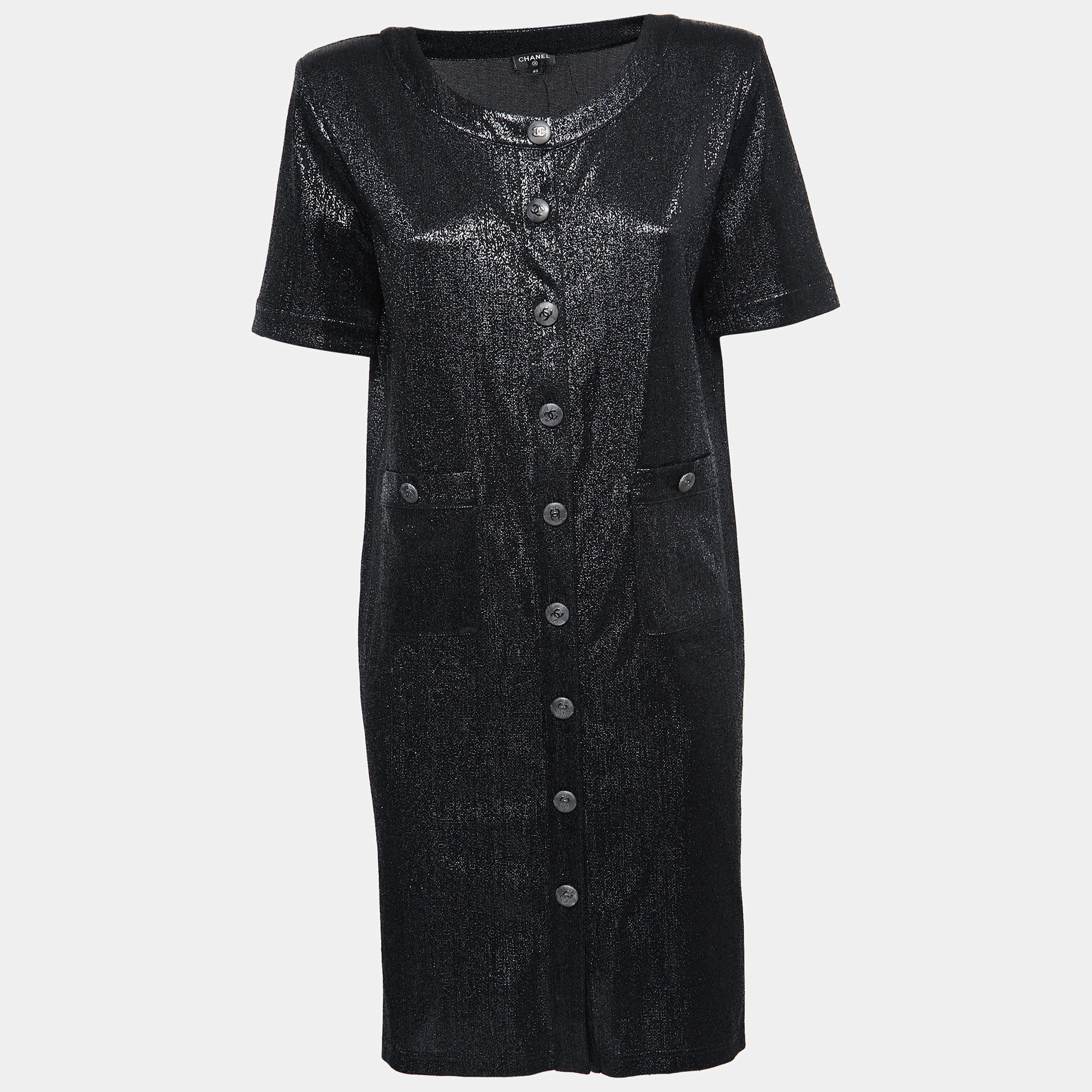 Pre Owned Chanel Black Metallic Lurex Knit Shift Dress M