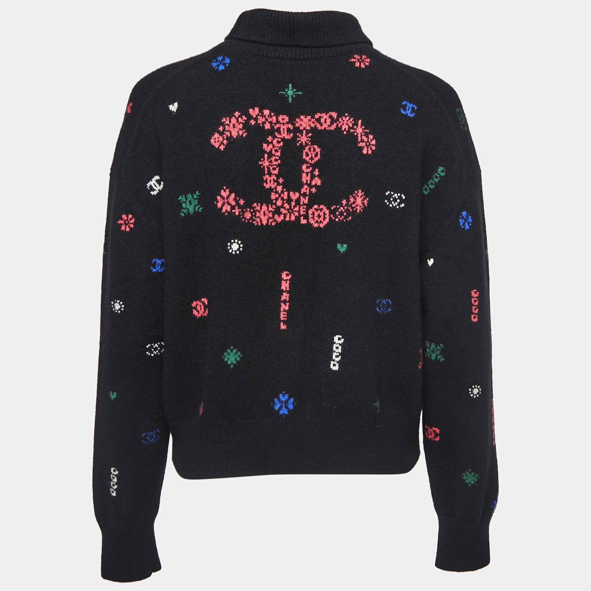 Chanel Black Patterned Cashmere Turtleneck Sweater M