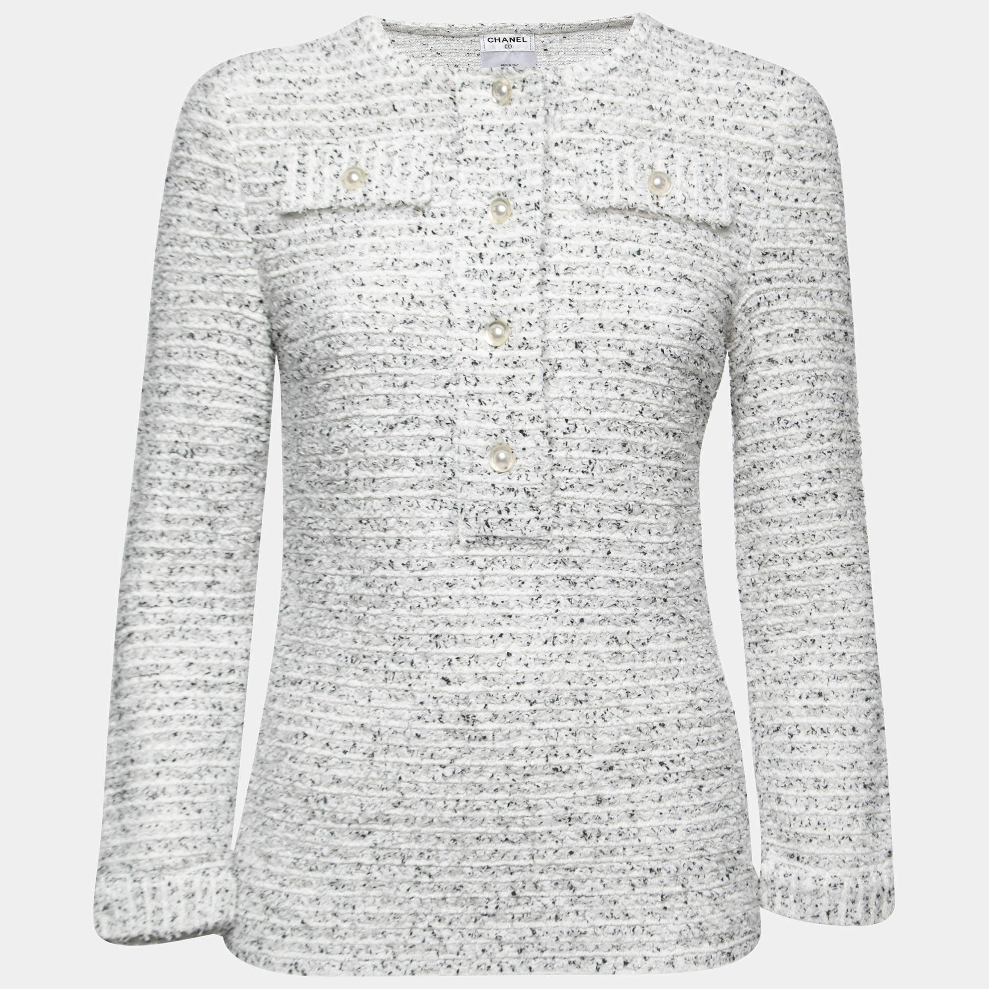 Chanel White/Black Tweed Long Sleeve Knit Top M