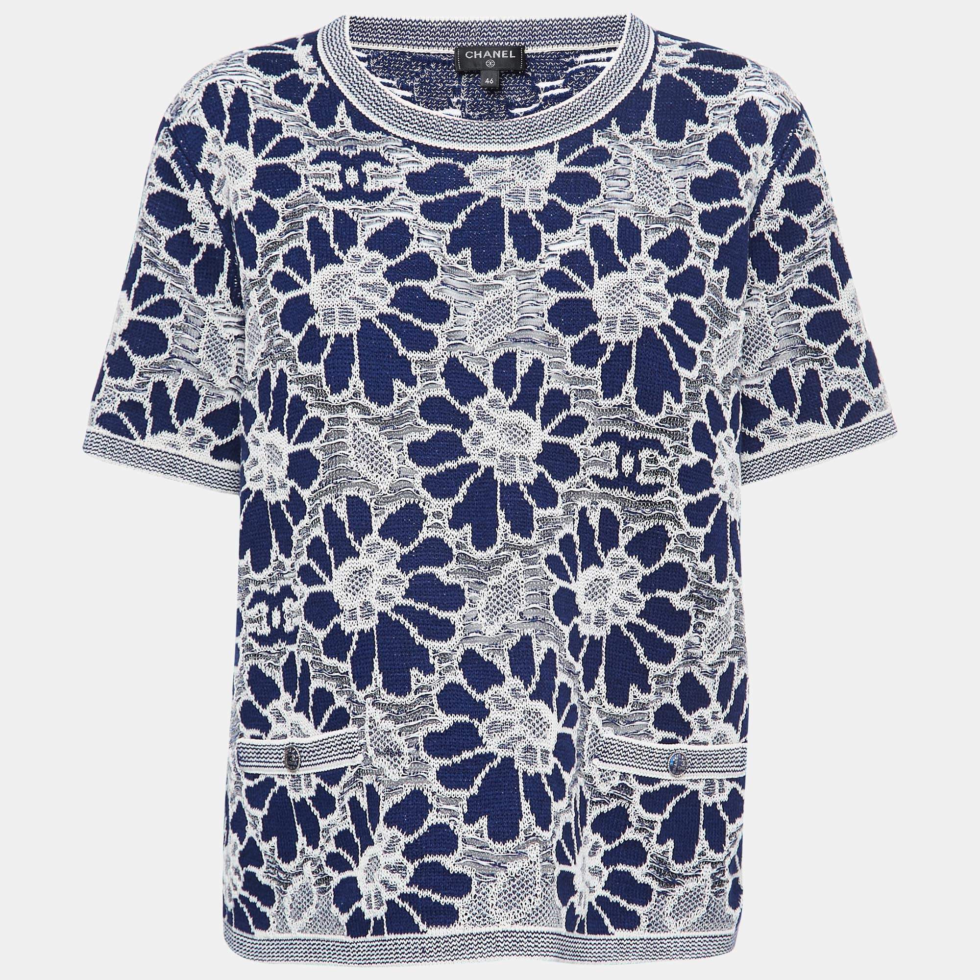 Pre Owned Chanel Navy Blue Camelia Patterned Knit Top XL