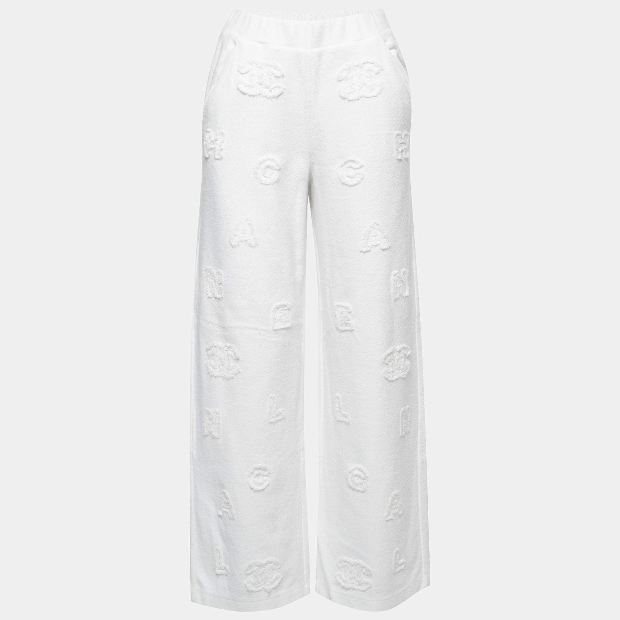 Chanel White Cotton Logo Detail Wide Leg Pants S