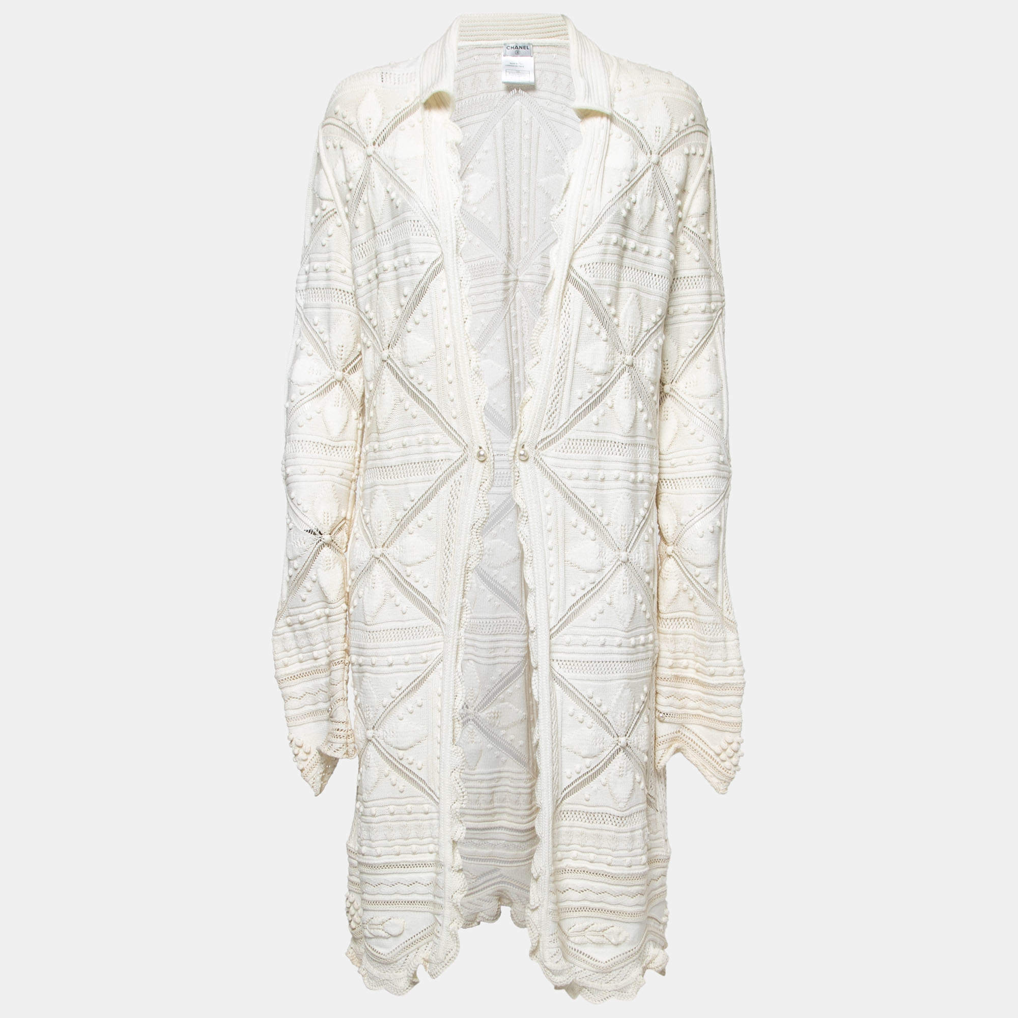 Pre Owned Chanel Cream Patterned Crochet Knit Cardigan L