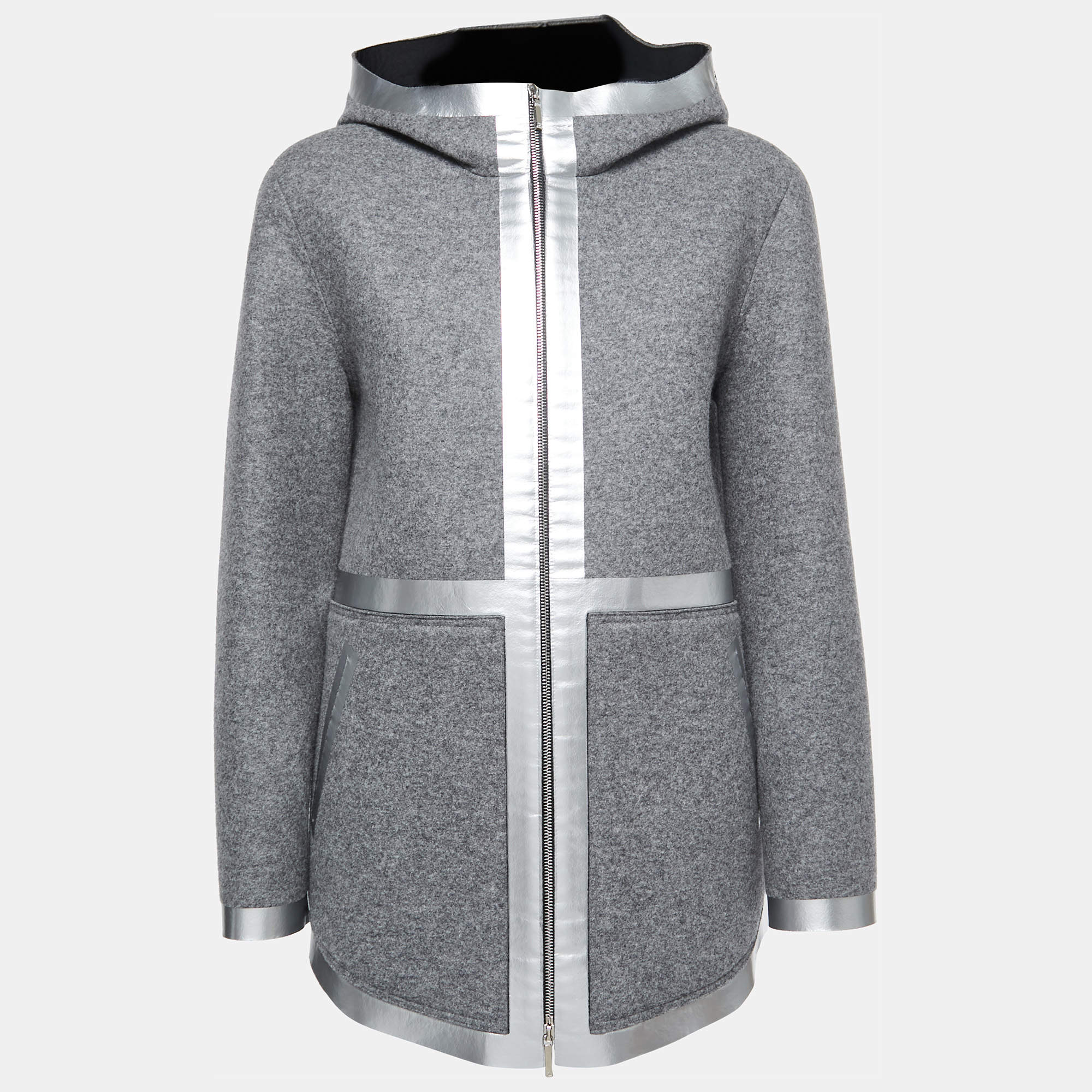 Chanel Grey Wool Blend Hooded Zip-Up Jacket S