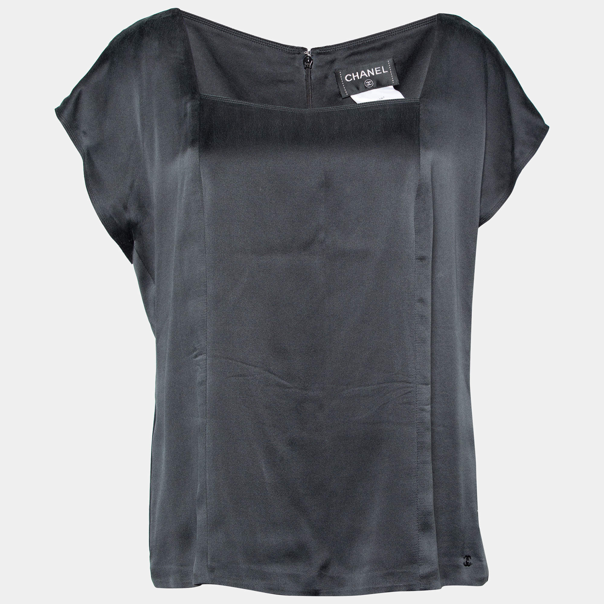 Pre Owned Chanel Black Silk Satin Square Neck Top L