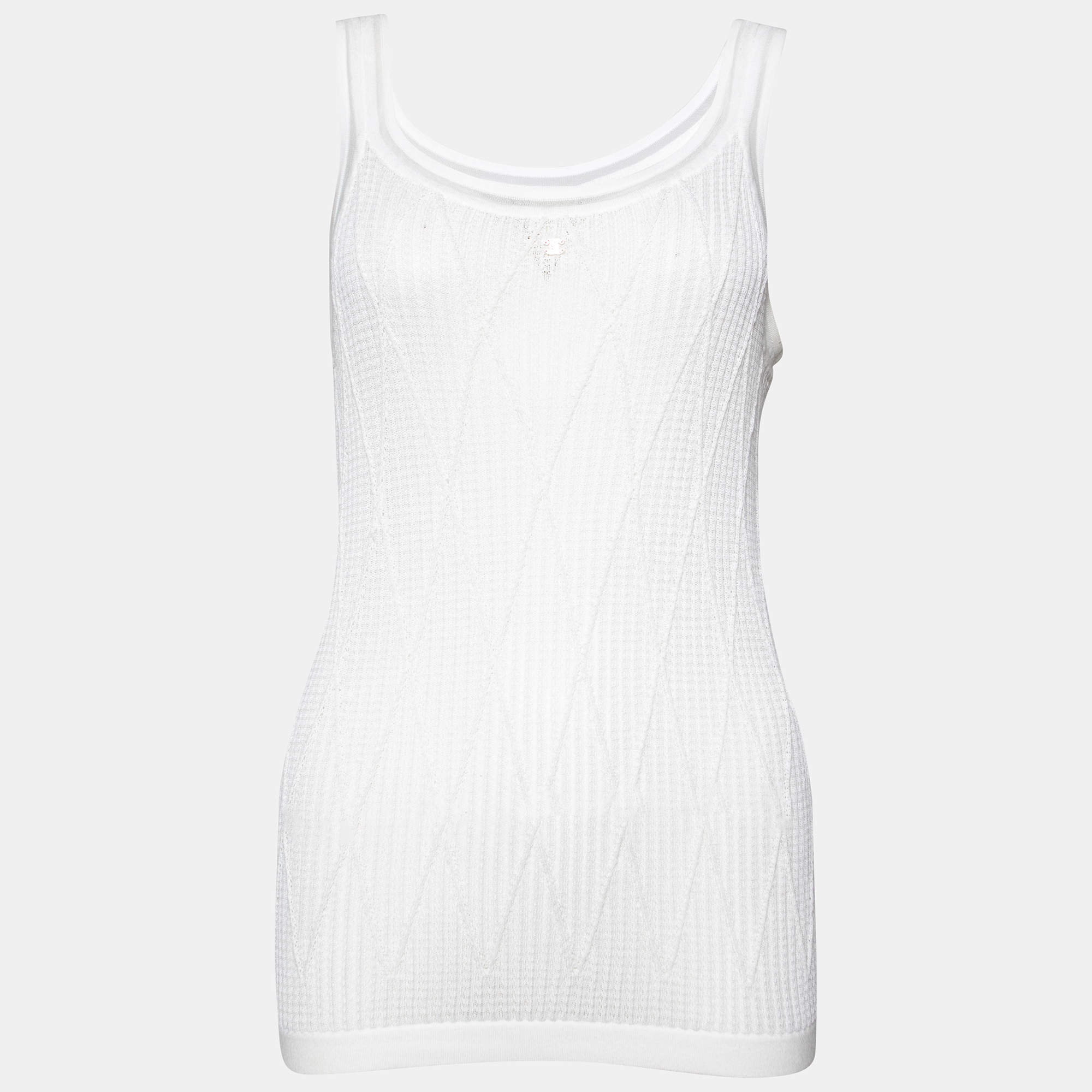 Chanel White Cotton Patterned Knit Tank Top L