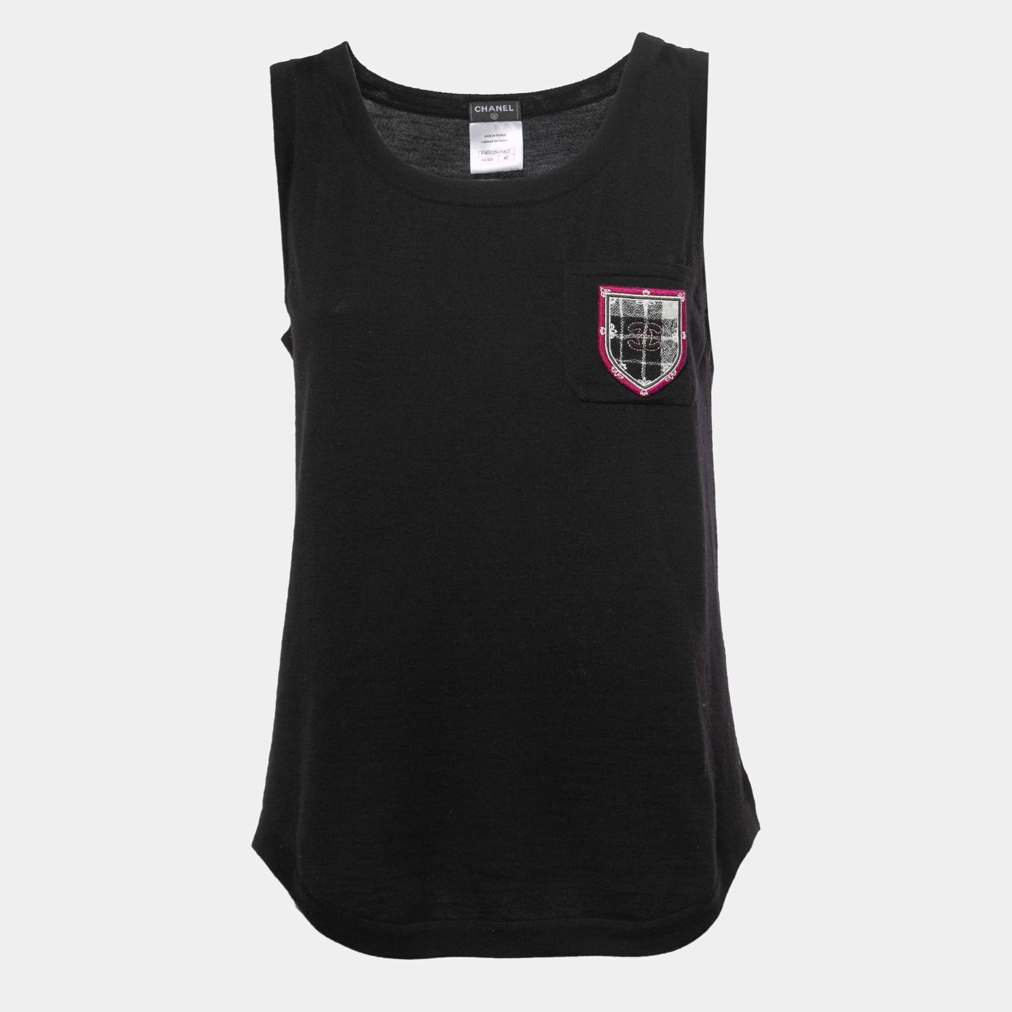 Chanel Black Wool Knit CC Crest Detail Tank Top M