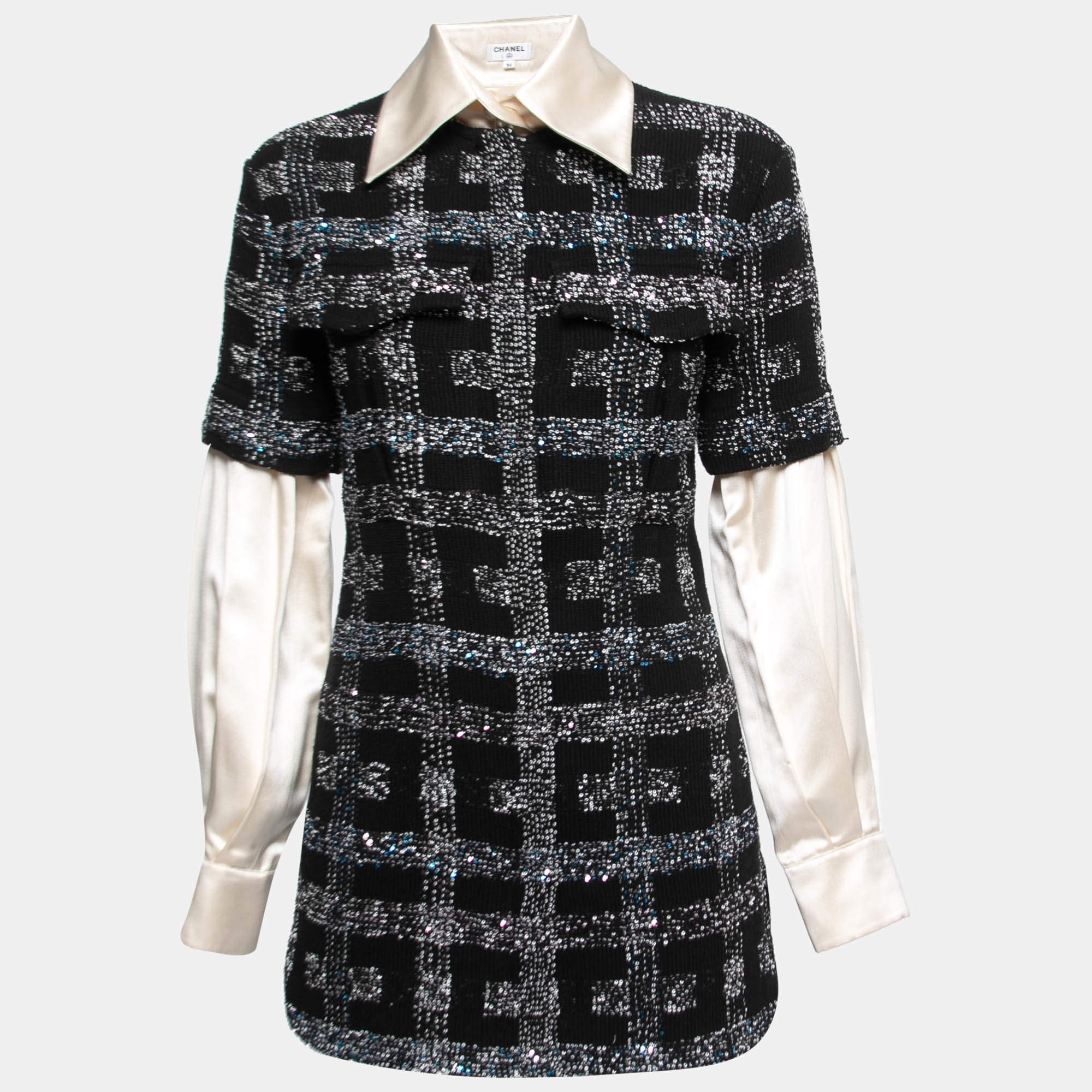 Pre Owned Chanel Black Sequined Knit & Silk Inset Top S
