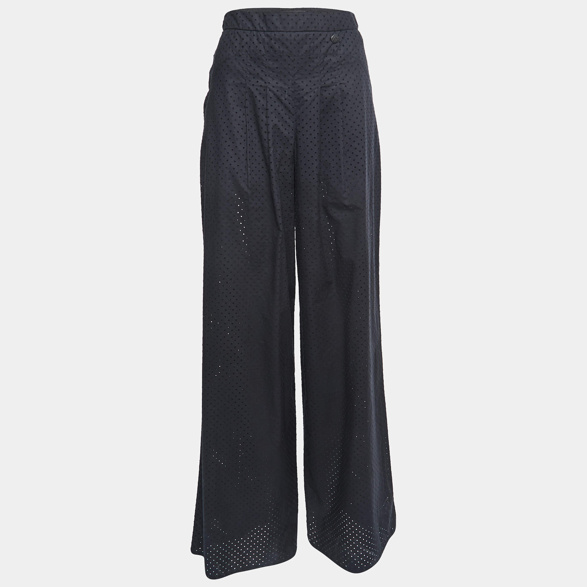 Pre Owned Chanel Black Eyelet Cotton Wide Leg Trousers S