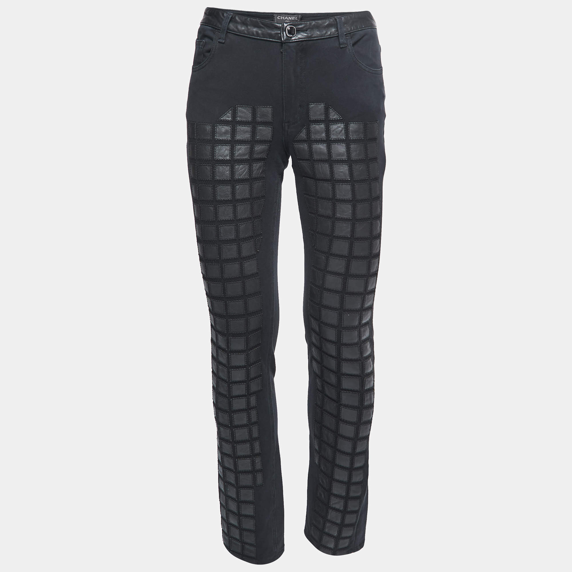 Chanel Black Cotton Knit Leather Trimmed Skinny Jeans M