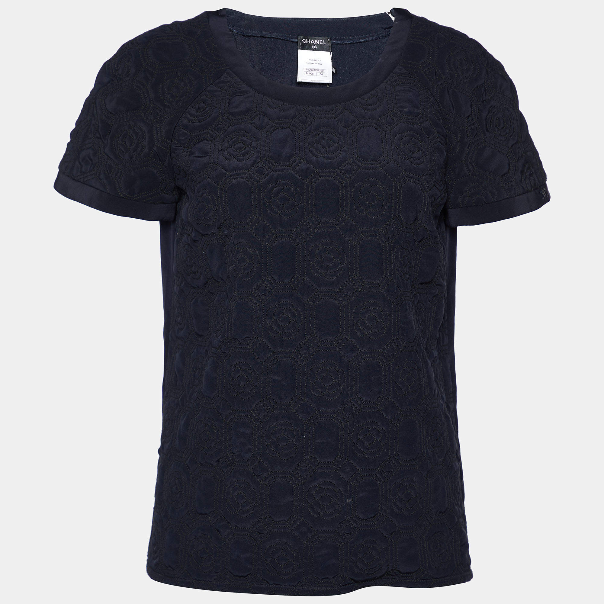 Pre Owned Chanel Navy Blue Floral Quilted Silk Top M