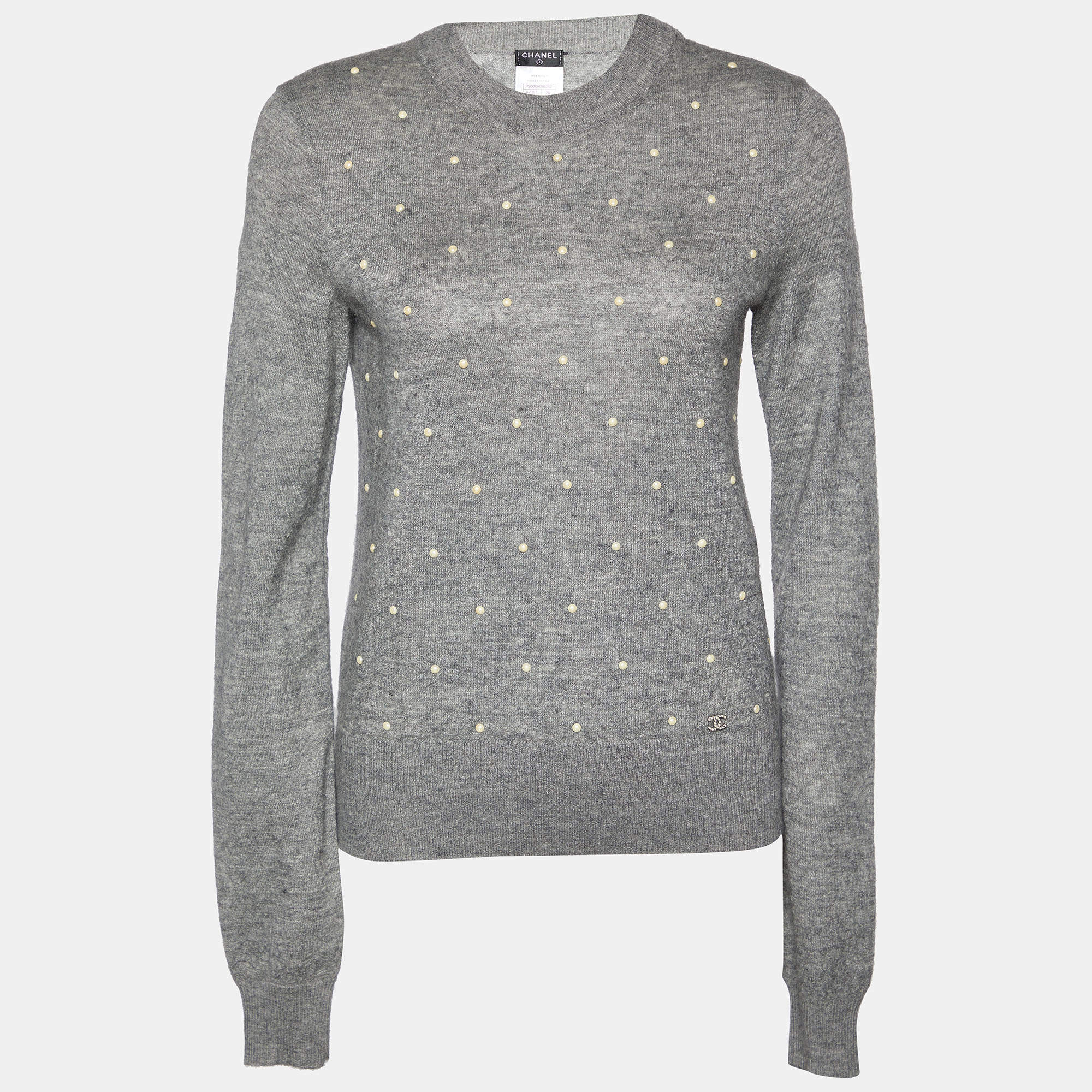 Chanel Grey Pearl Embellished Mohair & Cashmere Long Sleeve Sweater S