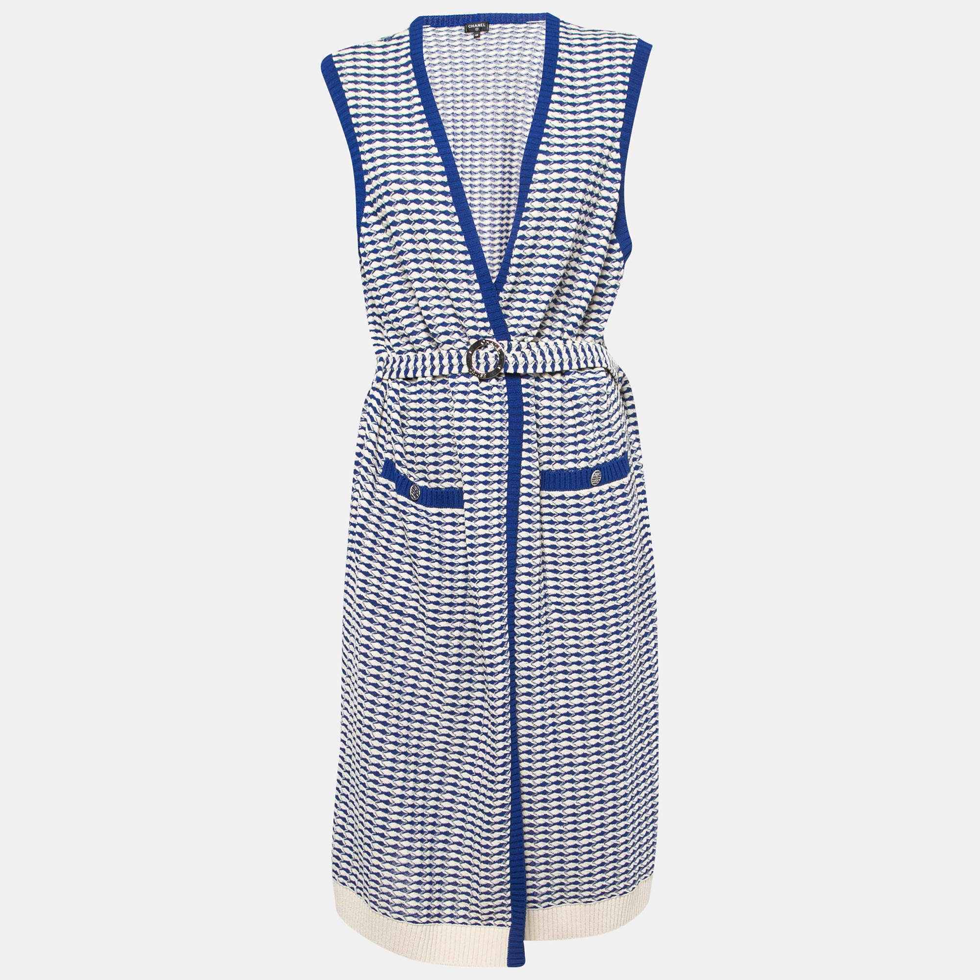 Chanel Blue/White Patterned Knit Sleeveless Belted Long Coat XL
