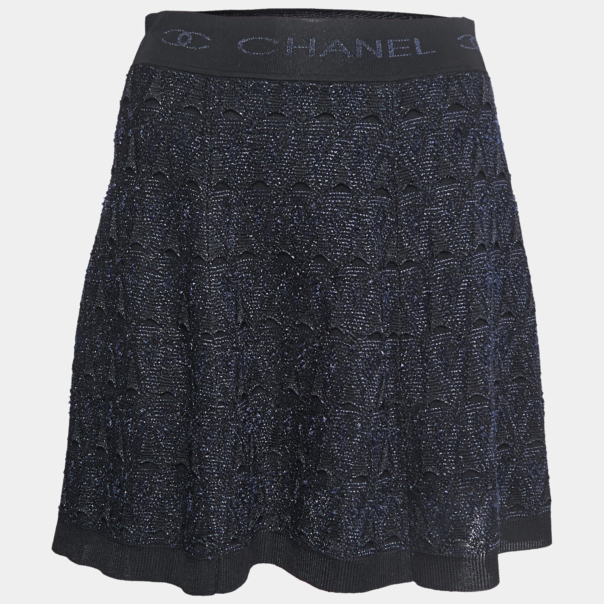 Pre Owned Chanel Navy Blue/Black Textured Knit Elastic Logo Waistband Mini Skirt S