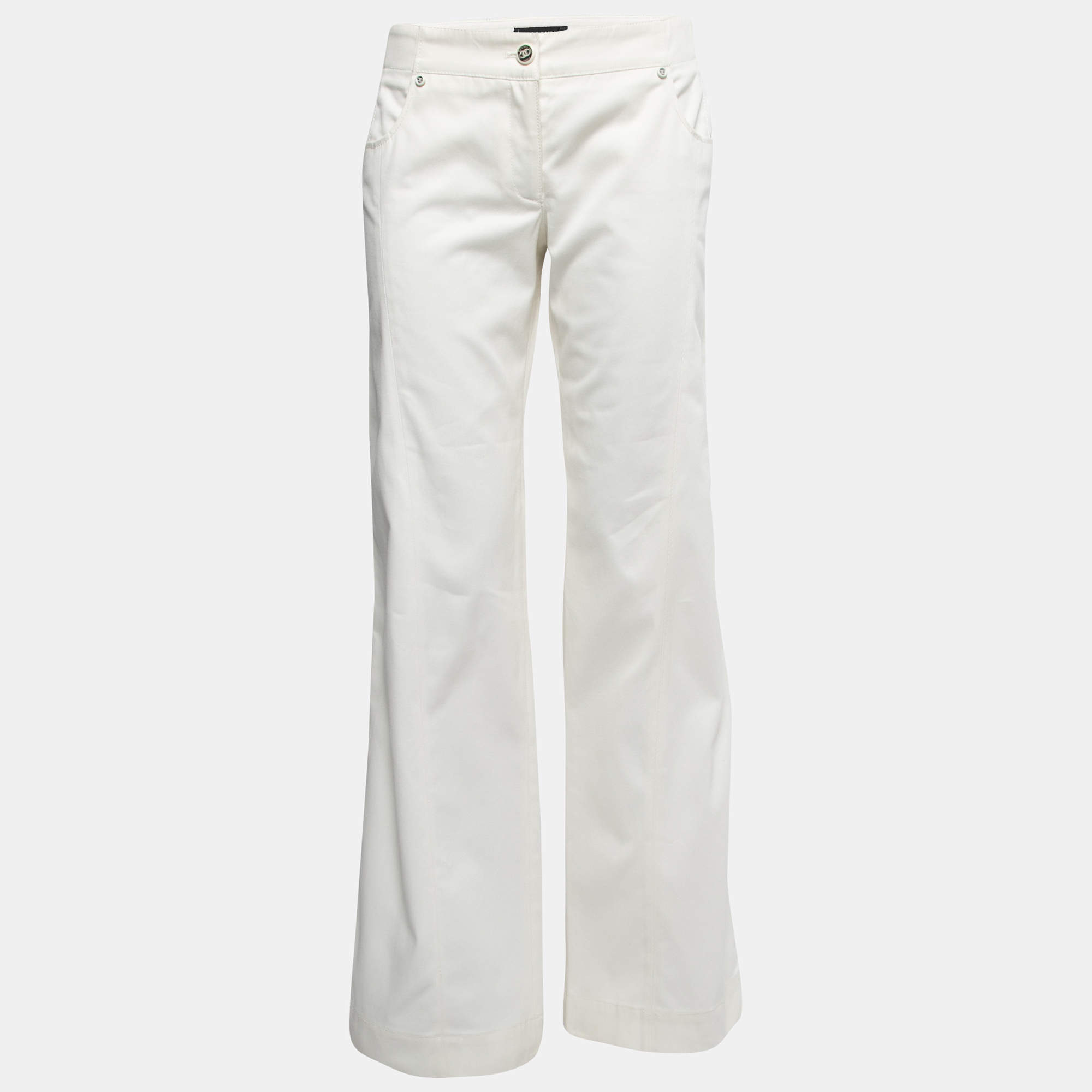 Pre Owned Chanel Off-White Cotton Wide-Leg Trousers M Waist 31"