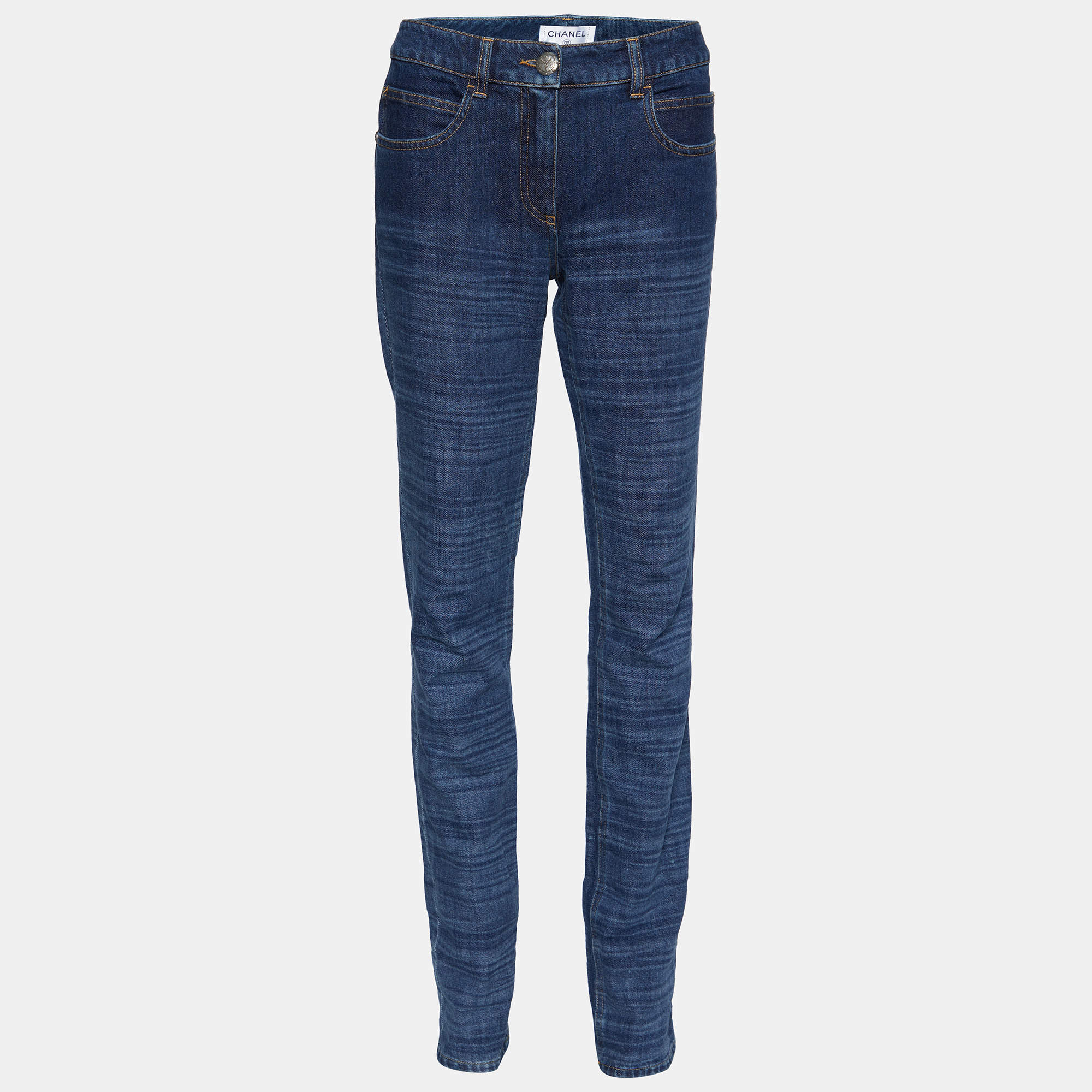 Chanel Navy Blue Denim Logo Embroidered Pocket Detail Jeans M Waist 32"