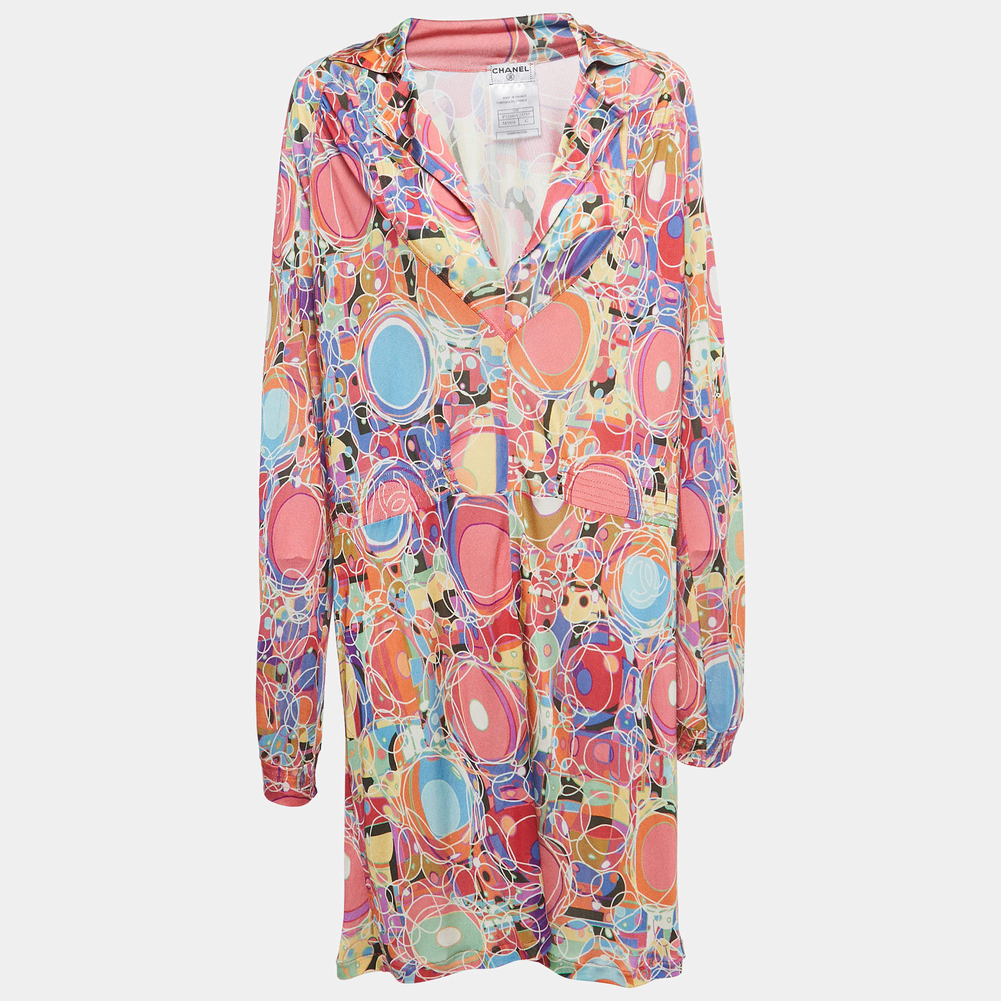 Pre Owned Chanel Multicolor Printed Jersey Full Sleeve Mini Dress L