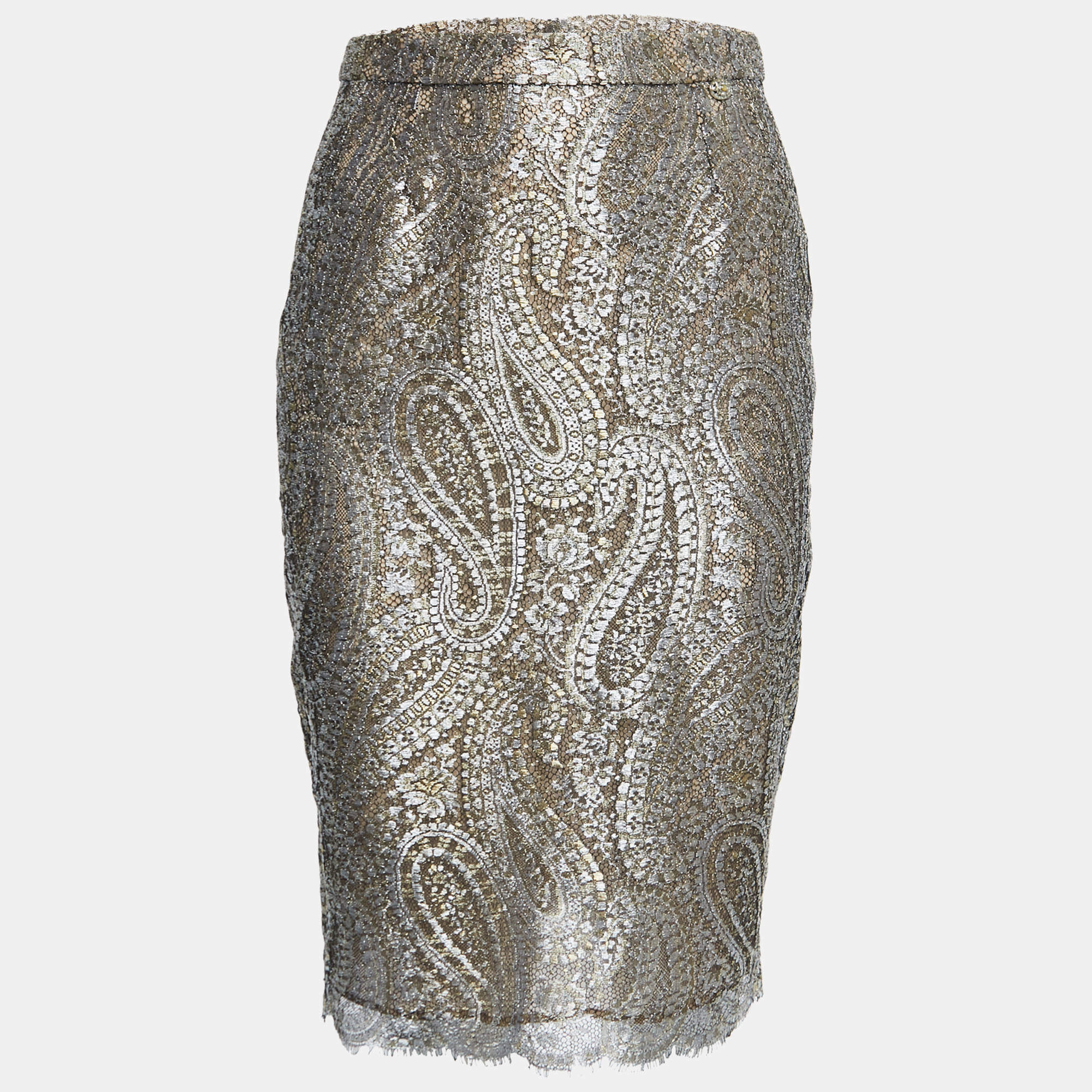 Pre Owned Chanel Gold/Silver Metallic Lace Pencil Skirt S