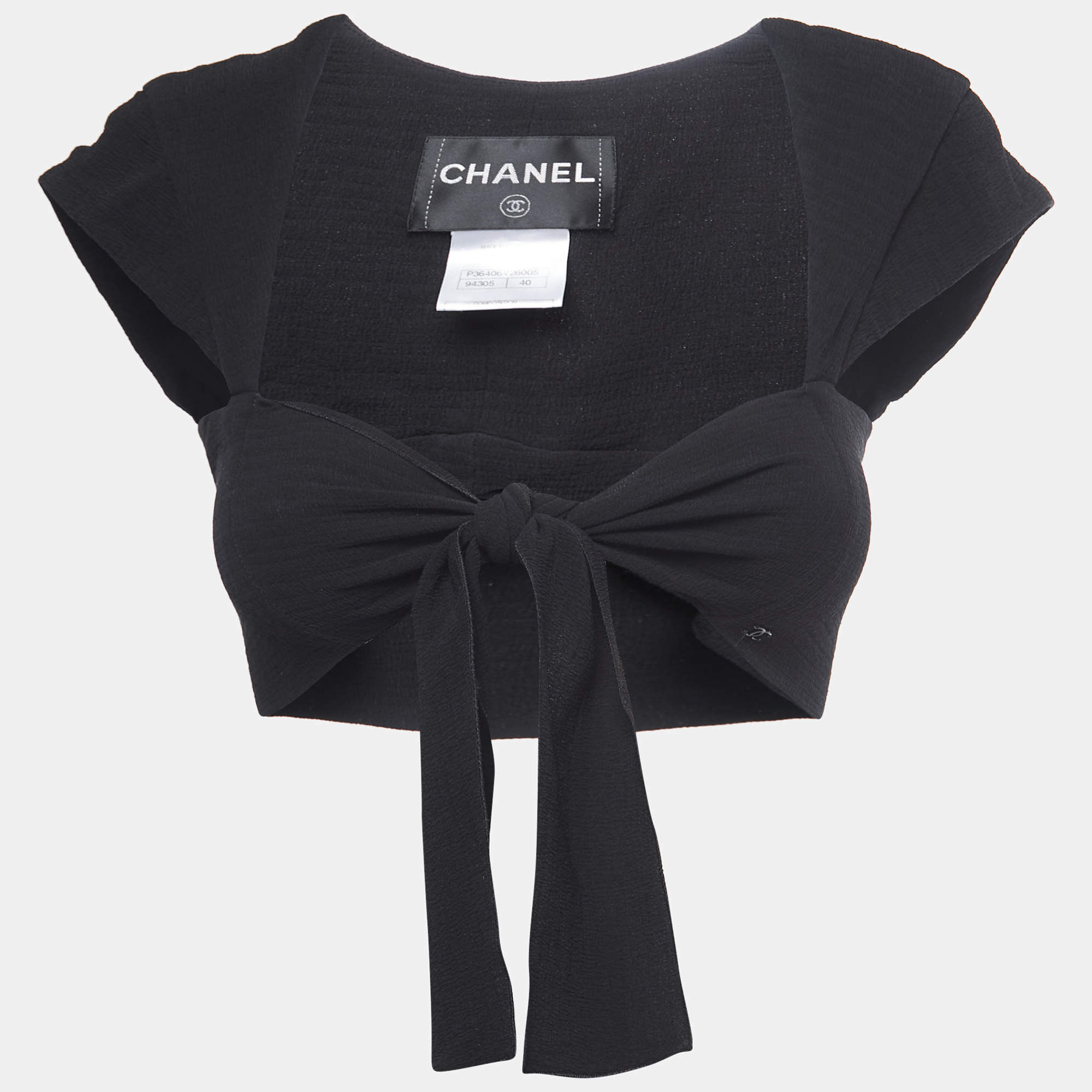 Chanel Black Crepe Front Tie Detail Crop Top M Chanel