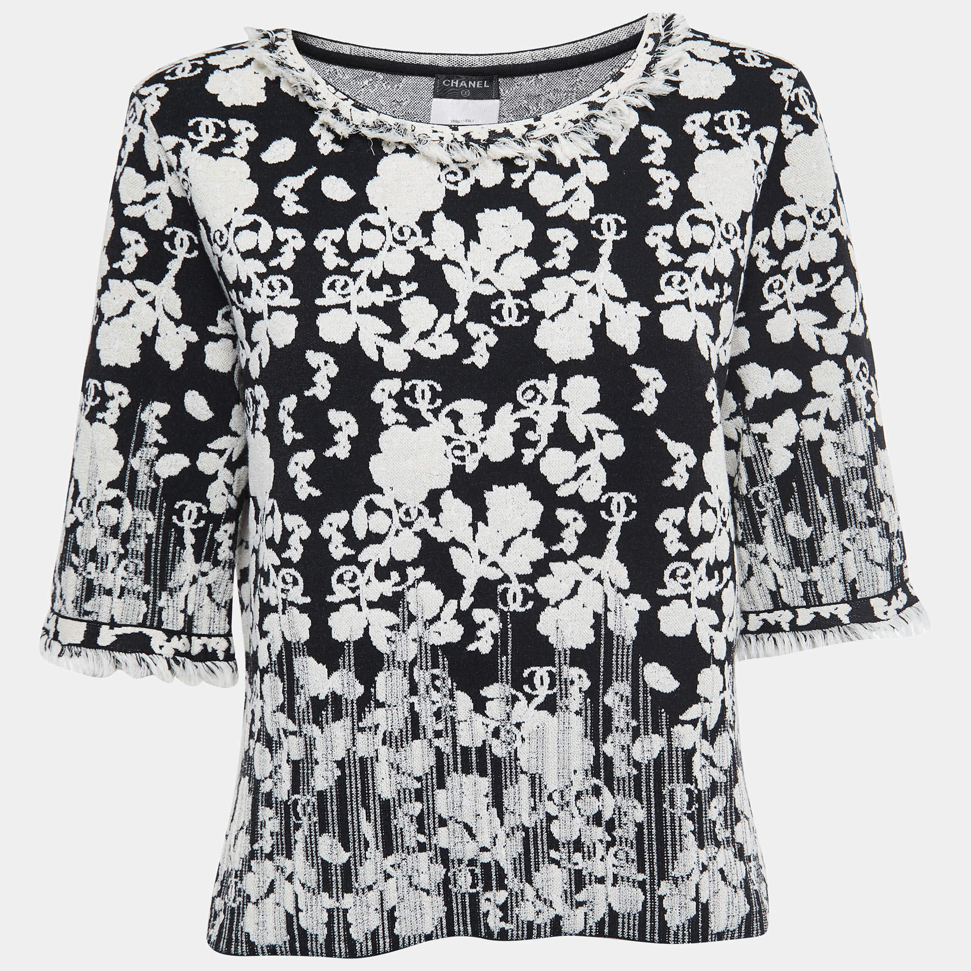 Pre Owned Chanel Black Jacquard Distressed Knit Fringe Detailed Top XL