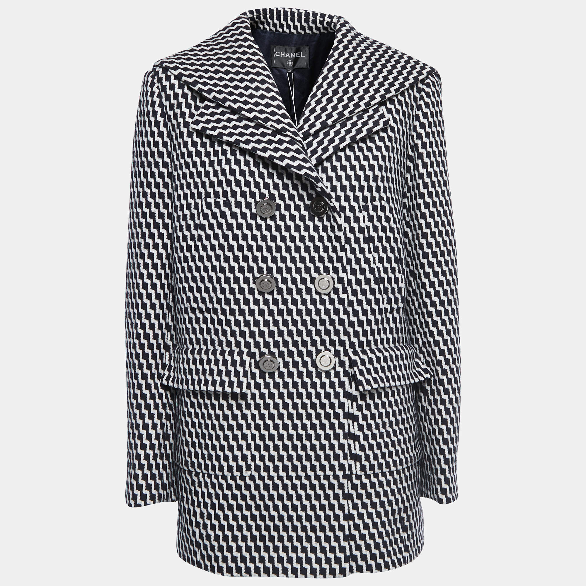 Chanel Black/White Patterned Wool Double Breasted Coat L