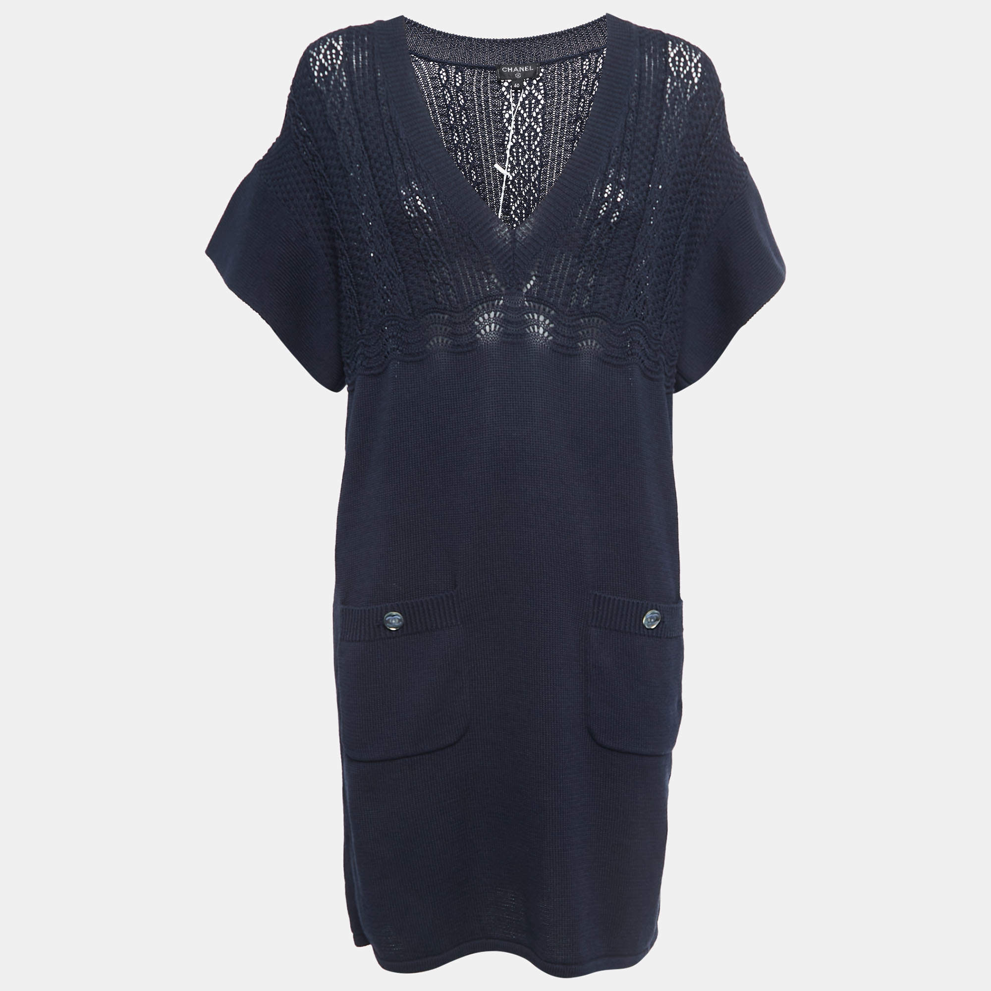 Pre Owned Chanel Navy Blue Cotton Knit Pocket Detail Mini Dress M