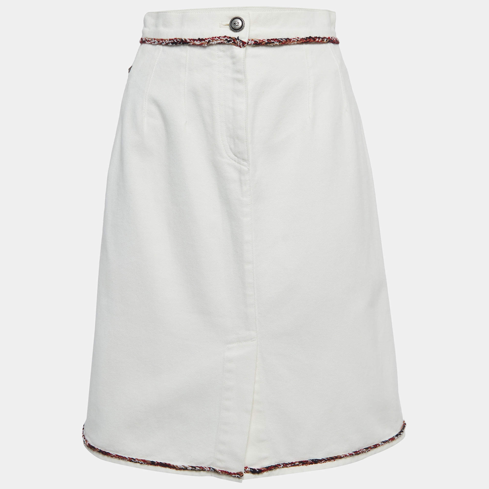 Pre Owned Chanel White Denim Knee Length Skirt S