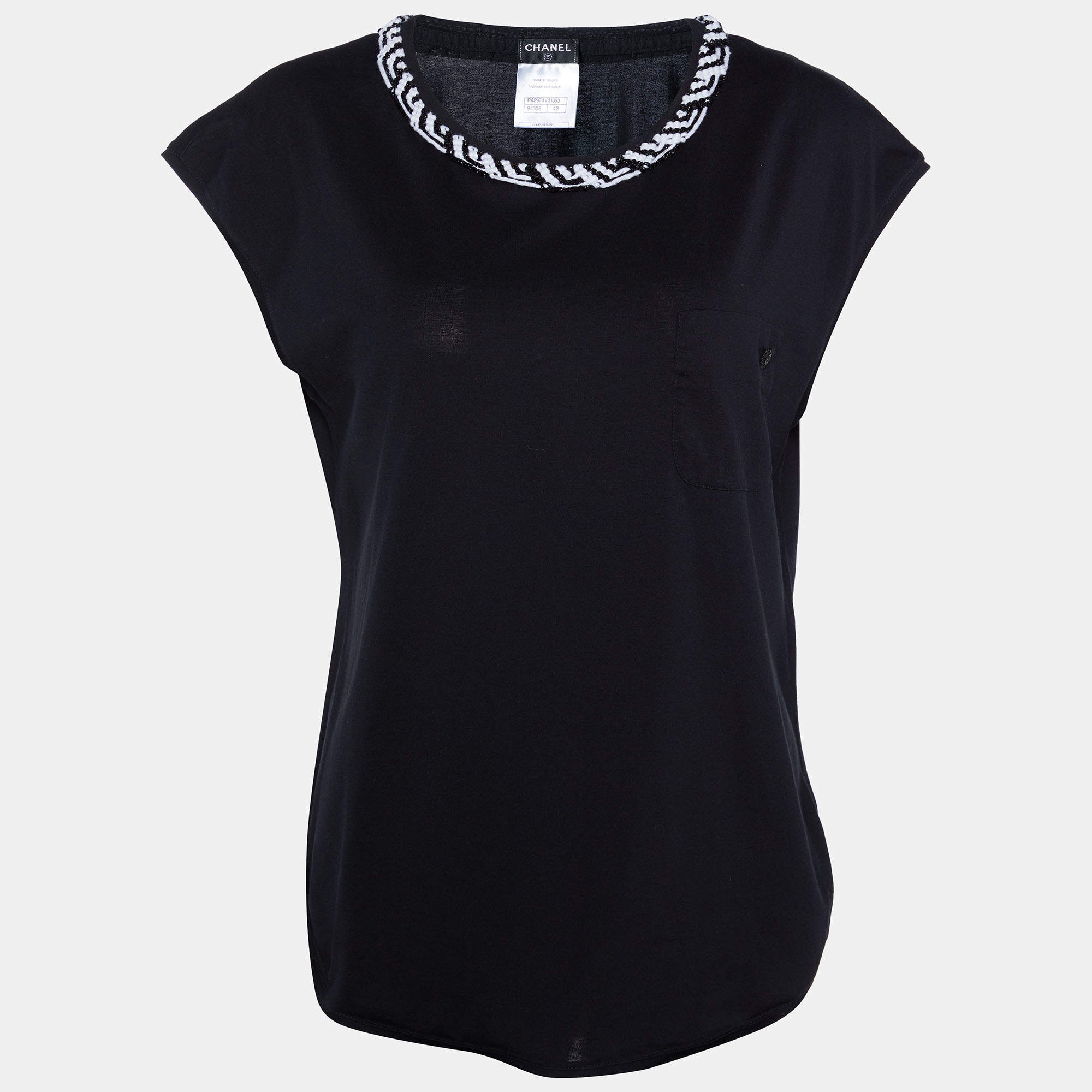Pre Owned Chanel Black Cotton Knit Neck Trim Detail Sleeveless Top L