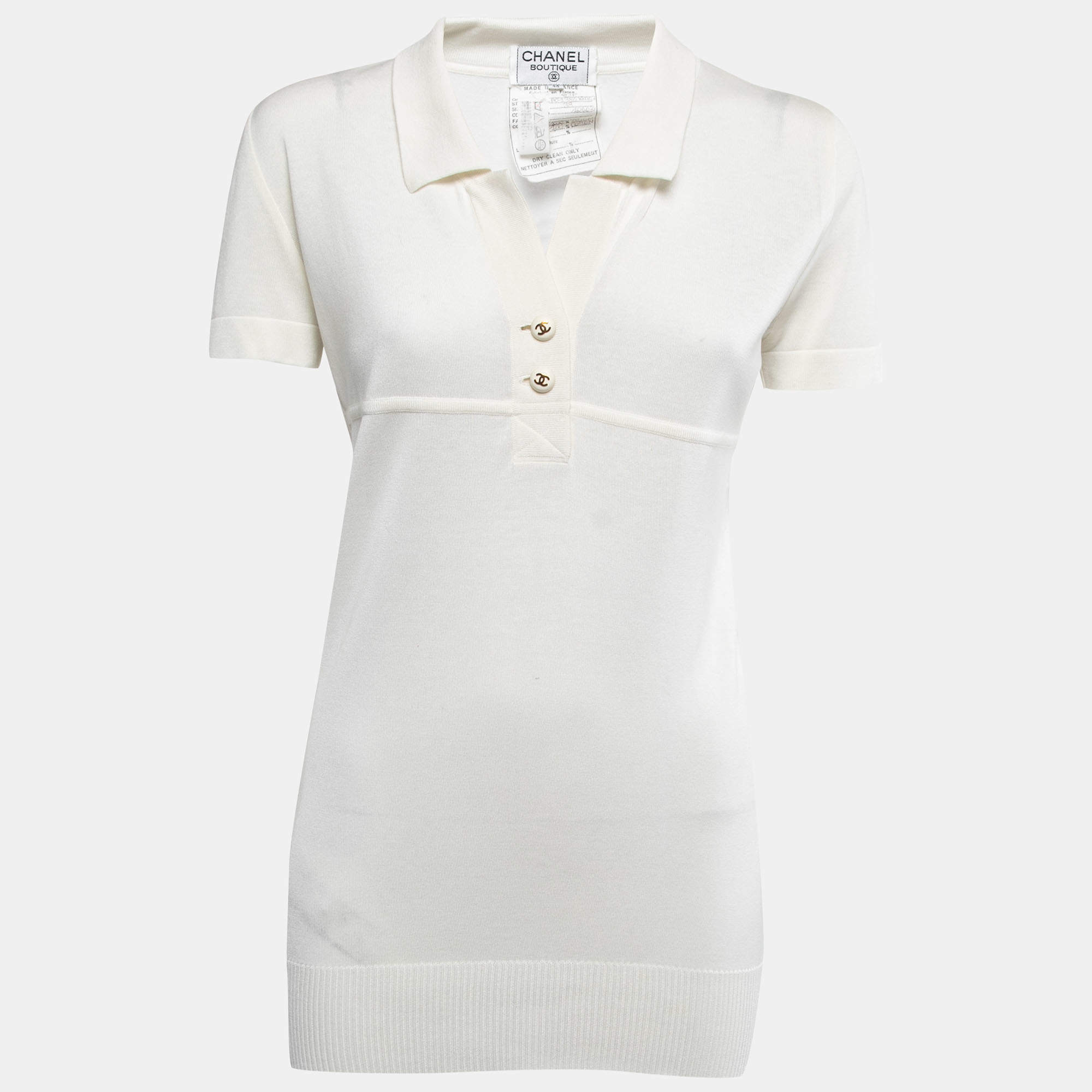 Pre Owned Chanel Cream Knit Polo T-Shirt M