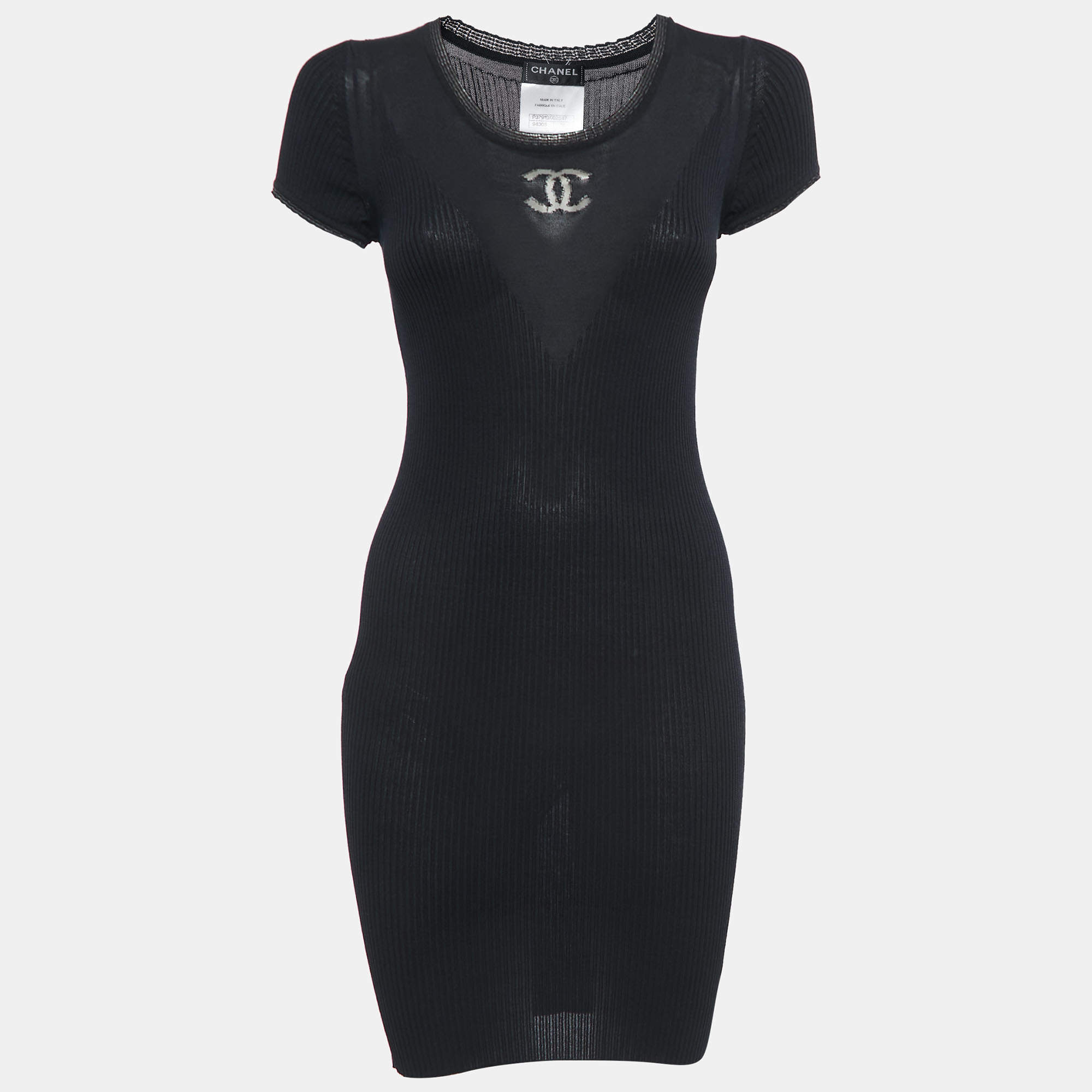 Chanel Black Ribbed Knit Logo Intarsia Bodycon Dress M