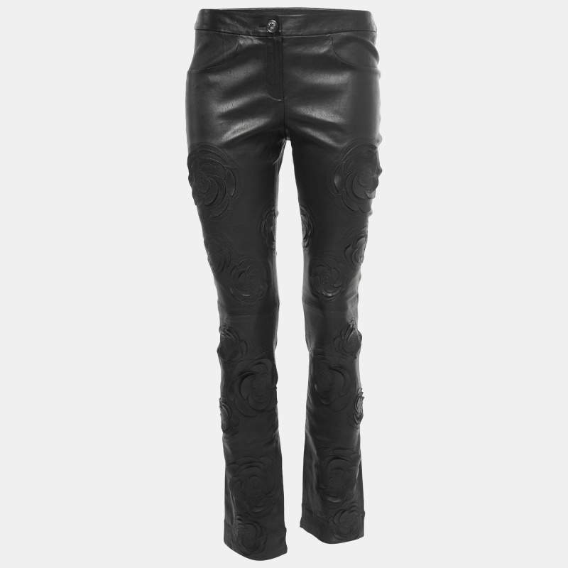 Pre Owned Chanel Black Camelia Applique Leather Pants M