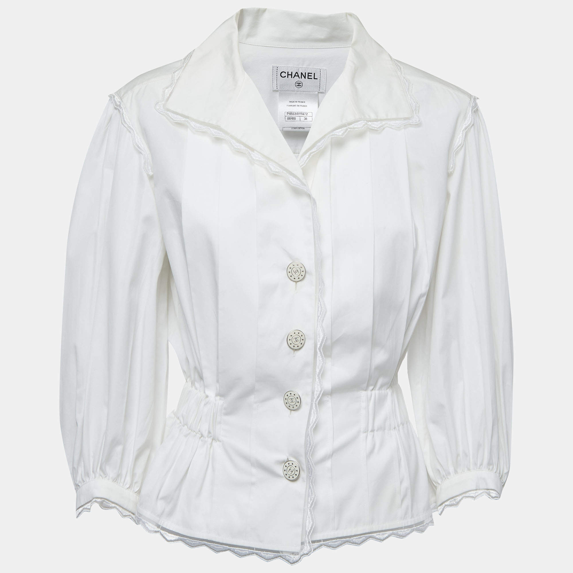 Pre Owned Chanel White Cotton Pleated & Gathered Button Front Blouse M