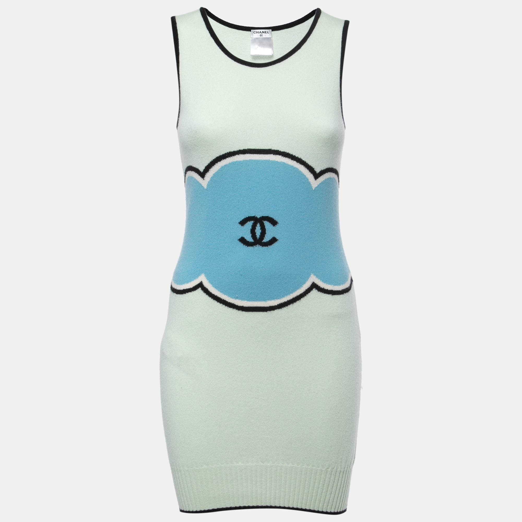 Chanel Blue/Green Logo Intarsia Cashmere Sleeveless Knit Dress S