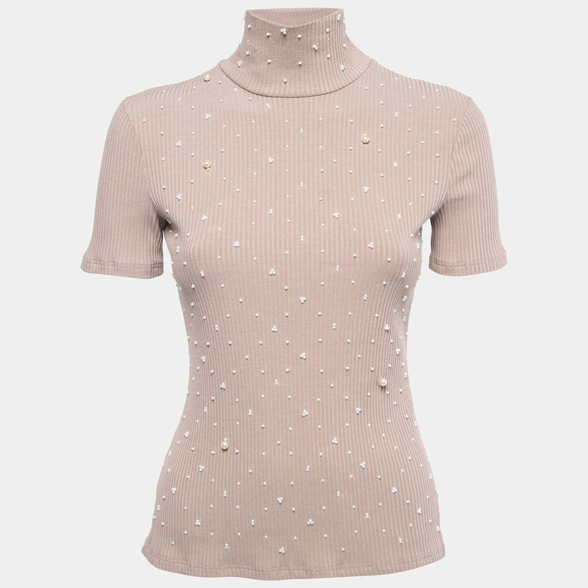 Chanel Pink Rib Knit Pearl Embellished High Neck Top M