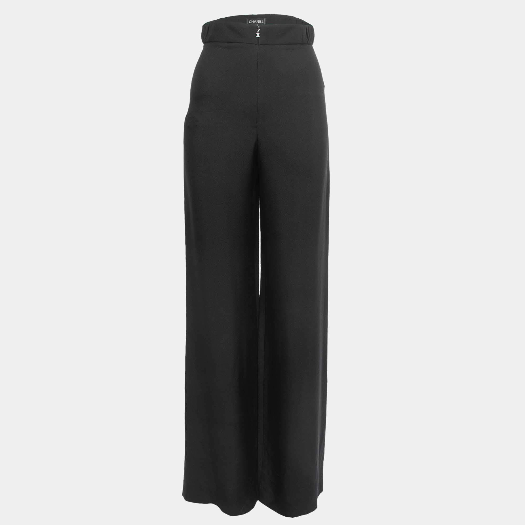 Pre Owned Chanel Black Silk Wide Leg Pants S