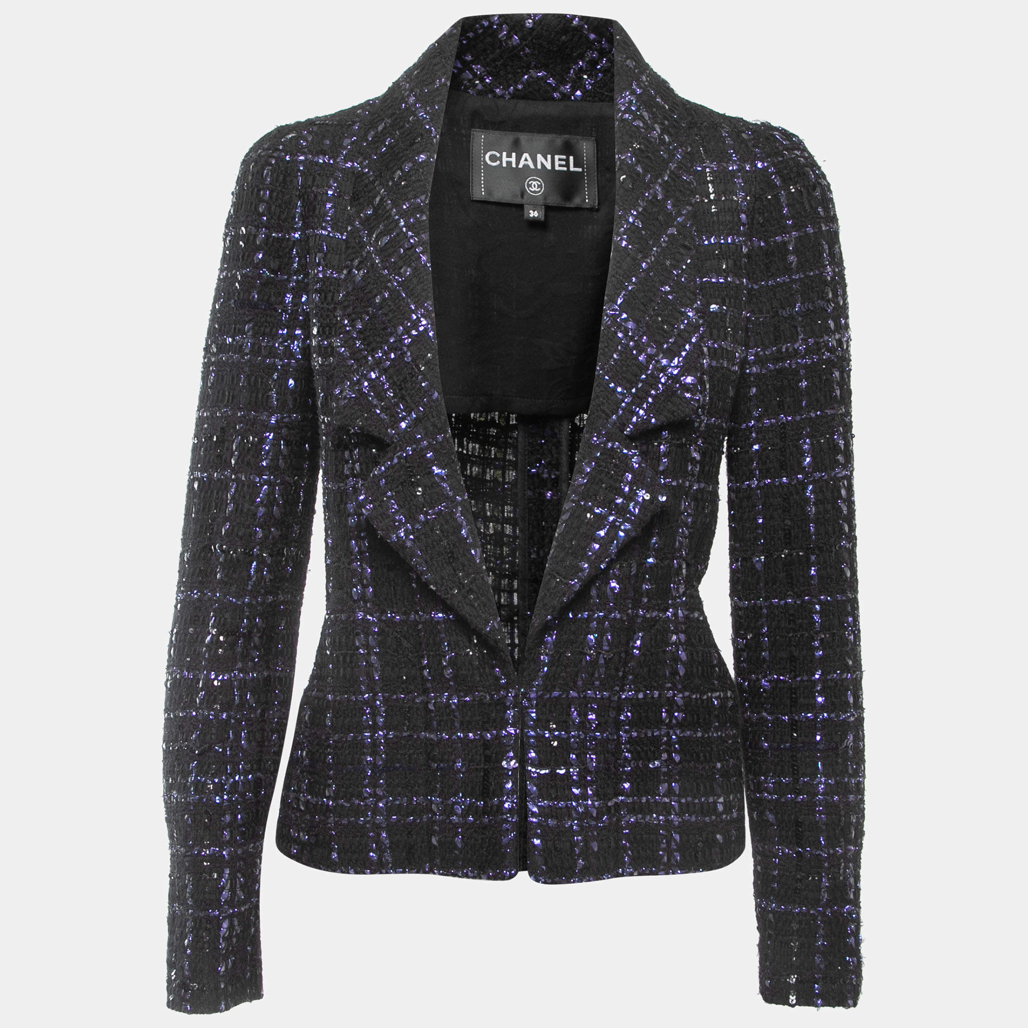 Pre Owned Chanel Black/Purple Sequin Embellished Tweed Jacket S