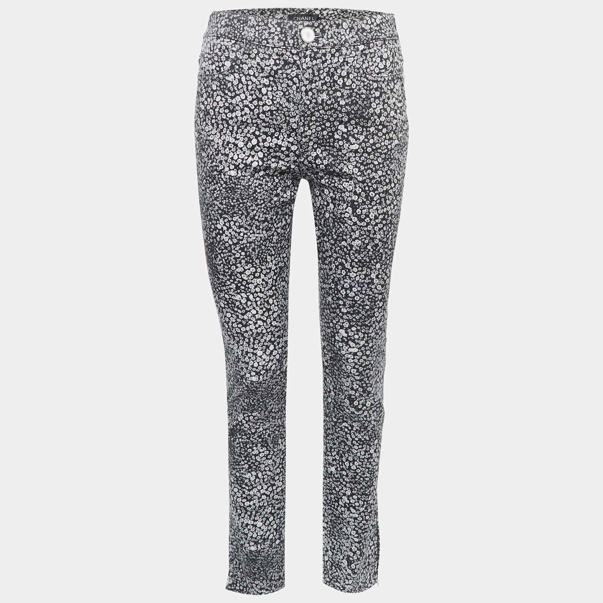 Chanel Black Camelia Printed Denim Jeans M Waist 28"