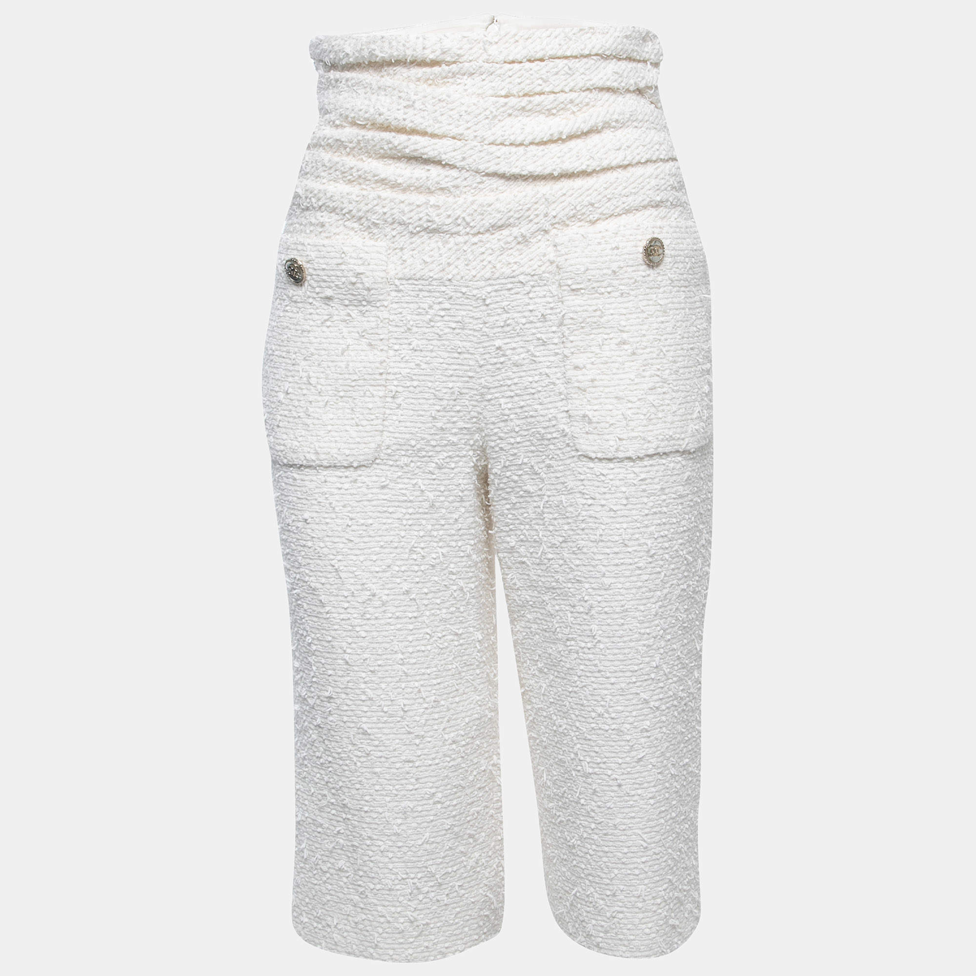Pre Owned Chanel White Tweed Capri Pants S
