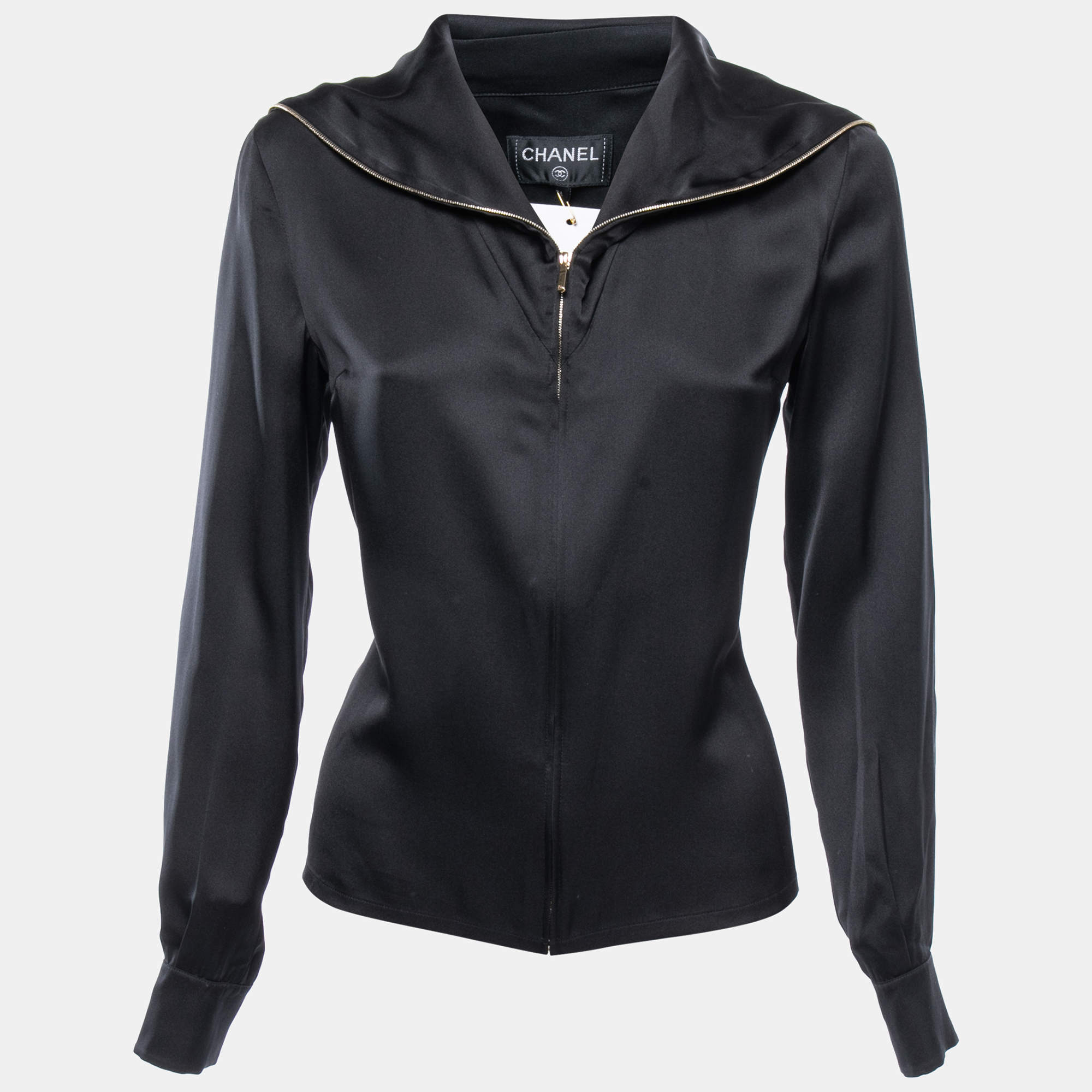 Chanel Black Satin Silk Zip Front Long Sleeve Blouse M